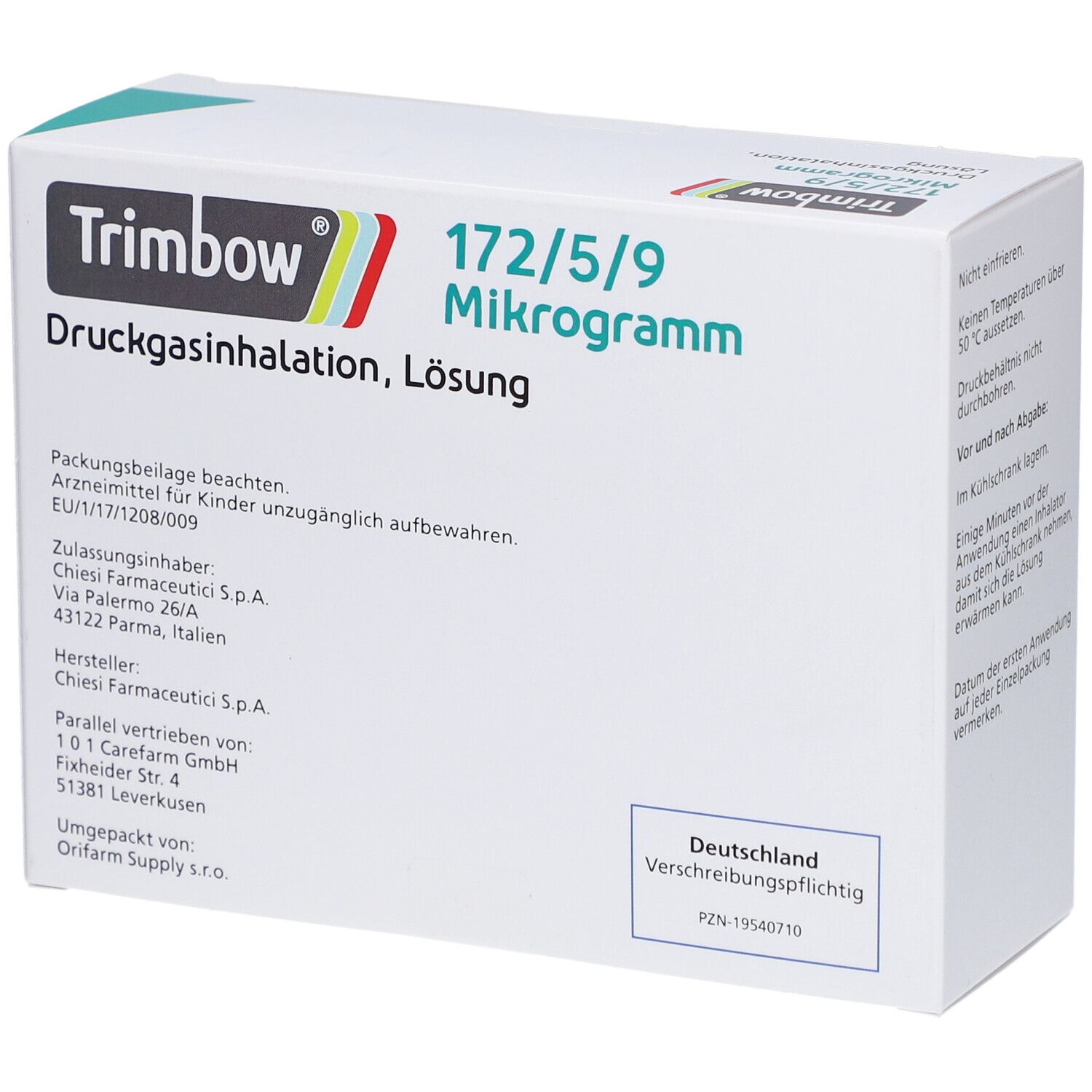 Weiße Verpackung mit Produktinformationen. Aufschrift: Trimbow 172/5/9 Mikrogramm, Druckgasinhalation, Lösung. Herkunftsland: Deutschland.