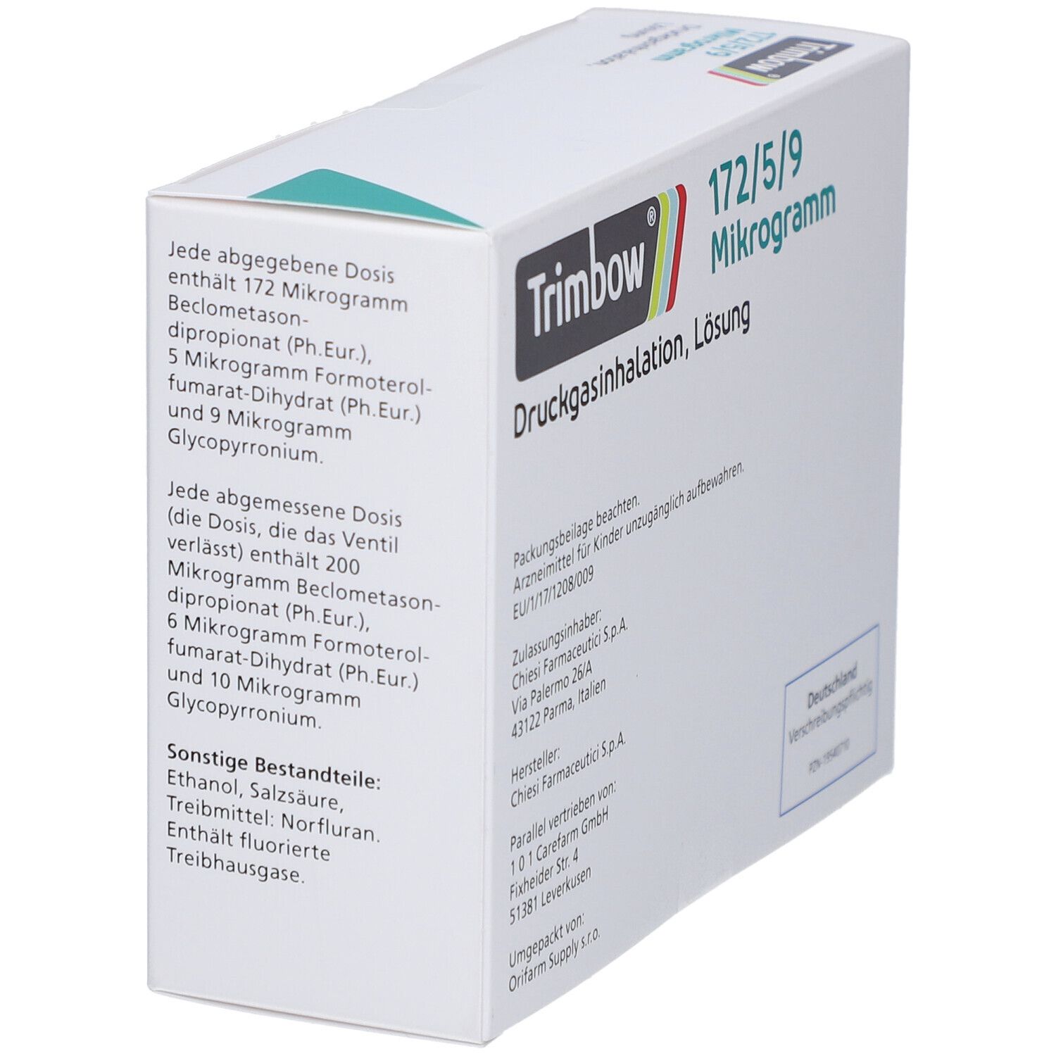 Weiße Verpackung mit Produktinformationen. Aufschrift: Trimbow 172/5/9 Mikrogramm, Druckgasinhalation, Lösung. Enthält Informationen zur Dosierung und Inhaltsstoffen.