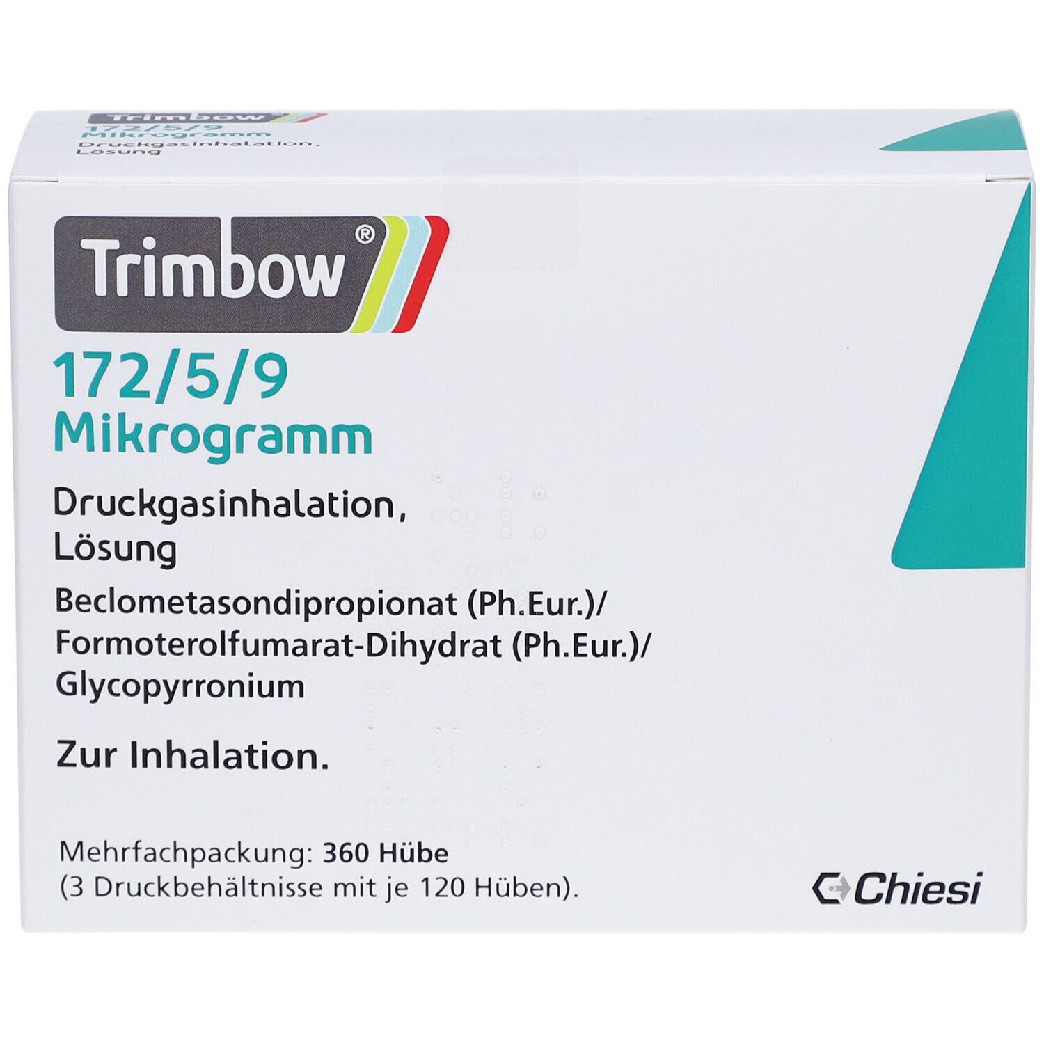 Weiße Verpackung mit Produktinformationen. Aufschrift: Trimbow 172/5/9 Mikrogramm, Druckgasinhalation, Lösung. Mehrfachpackung: 360 Hübe.