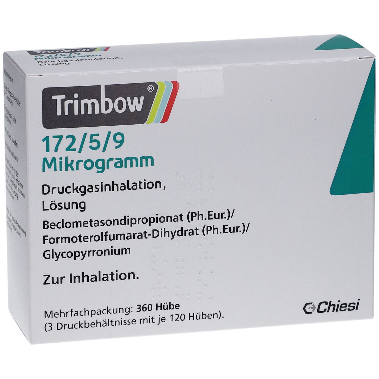 Weiße Verpackung mit Produktinformationen. Aufschrift: Trimbow 172/5/9 Mikrogramm, Druckgasinhalation, Lösung. Mehrfachpackung: 360 Hübe.