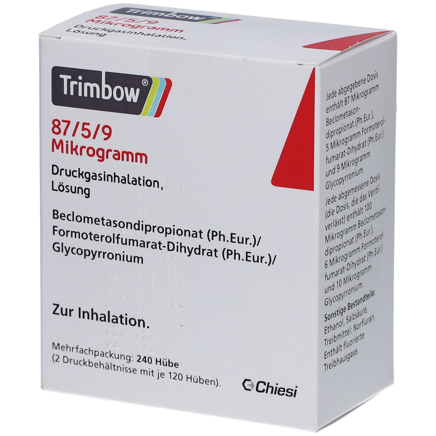 Weiße Schachtel mit rotem Akzent. Aufschrift: Trimbow 87/5/9 Mikrogramm. Druckgasinhalation, Lösung. Enthält Wirkstoffe. Mehrfachpackung: 240 Hübe.
