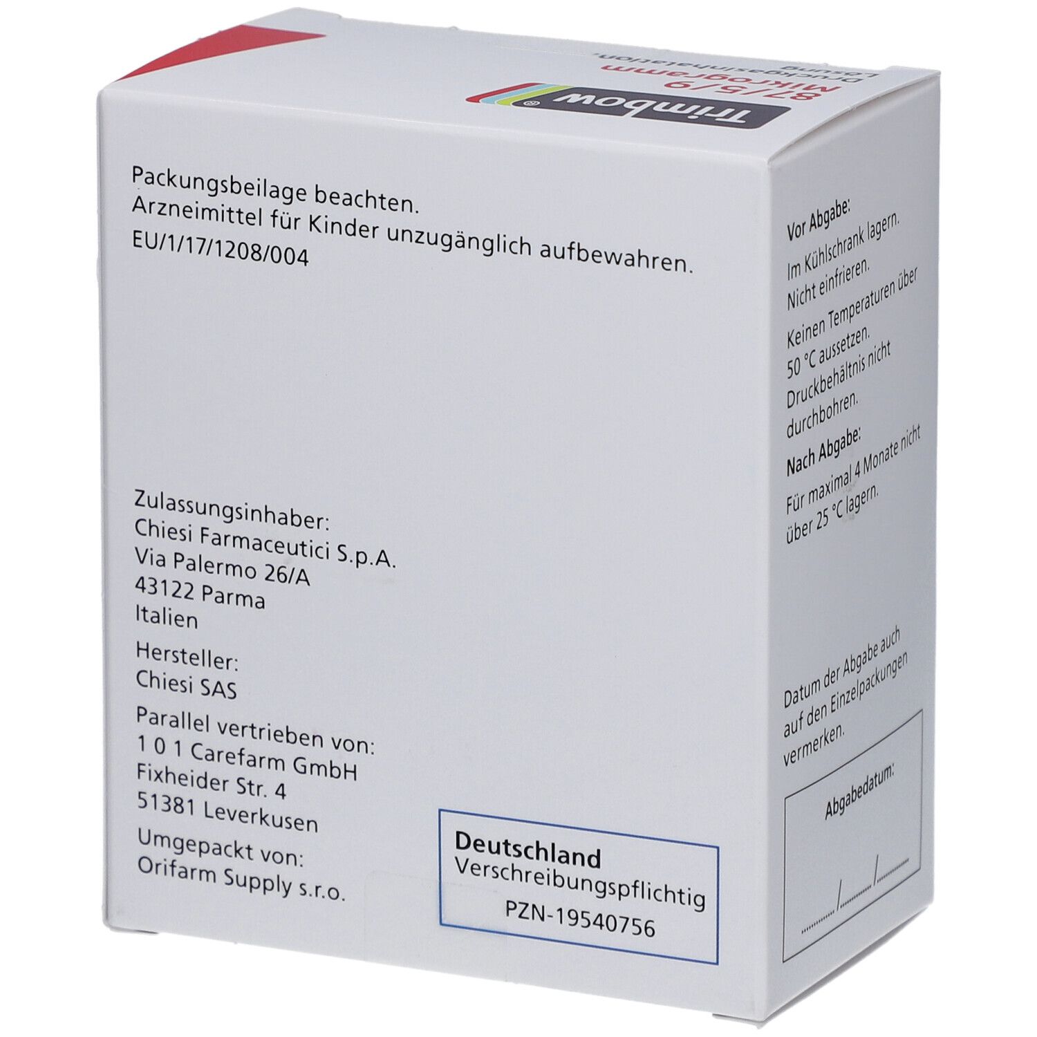 Weiße Schachtel mit rotem Akzent. Aufschrift: Trimbow 87/5/9 Mikrogramm. Enthält Informationen zum Hersteller und Vertrieb. Mit PZN-Nummer.