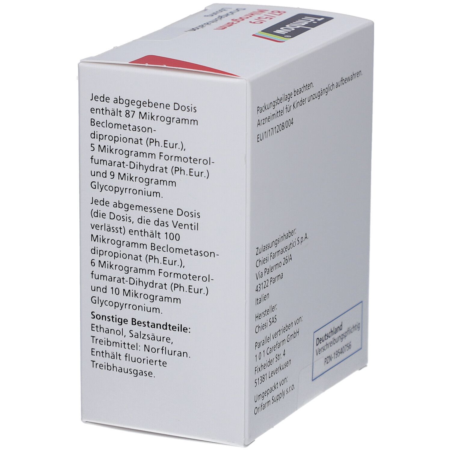 Weiße Schachtel mit rotem Akzent. Aufschrift: Trimbow 87/5/9 Mikrogramm. Enthält Informationen zu Inhaltsstoffen und Dosierung.