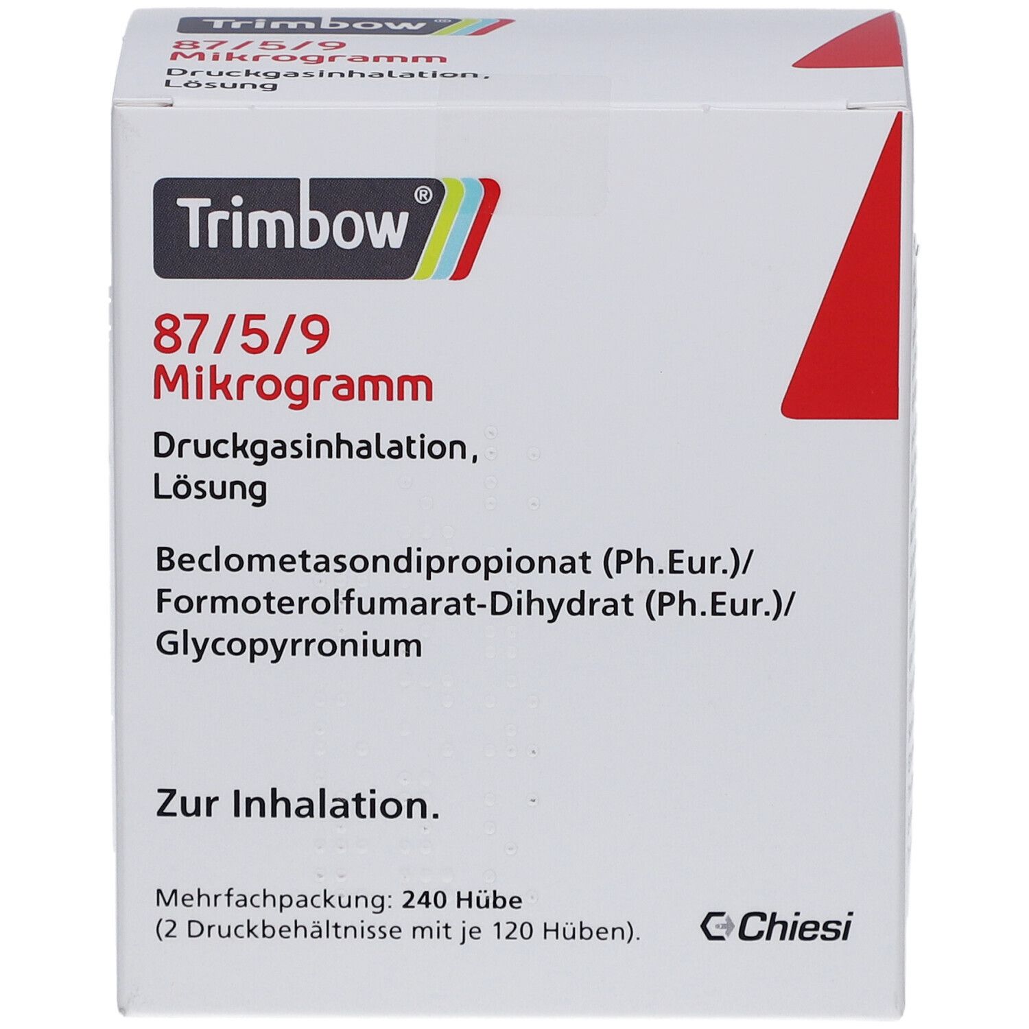 Weiße Schachtel mit rotem Akzent. Aufschrift: Trimbow 87/5/9 Mikrogramm. Druckgasinhalation, Lösung. Enthält Wirkstoffe. Mehrfachpackung: 240 Hübe.