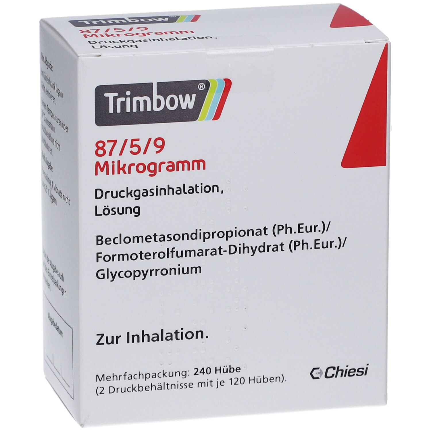 Weiße Schachtel mit rotem Akzent. Aufschrift: Trimbow 87/5/9 Mikrogramm. Druckgasinhalation, Lösung. Enthält Wirkstoffe. Mehrfachpackung: 240 Hübe.