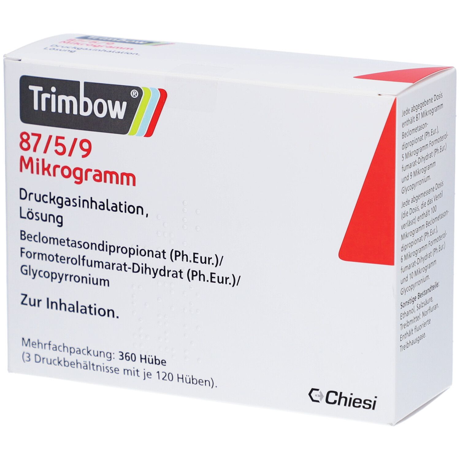 Verpackung von Trimbow 87/5/9 Mikrogramm. Druckgasinhalation, Lösung. Enthält Beclometasondipropionat, Formoterolfumarat-Dihydrat und Glycopyrronium.