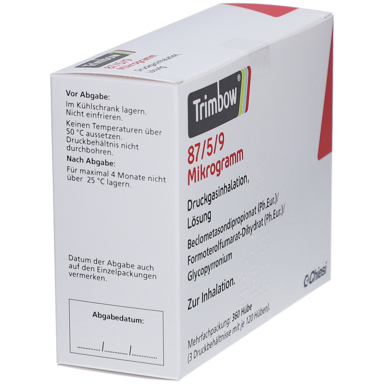 Verpackung von Trimbow 87/5/9 Mikrogramm. Enthält Informationen zur Lagerung und Abgabedatum. Mehrfachpackung mit 360 Hüben.