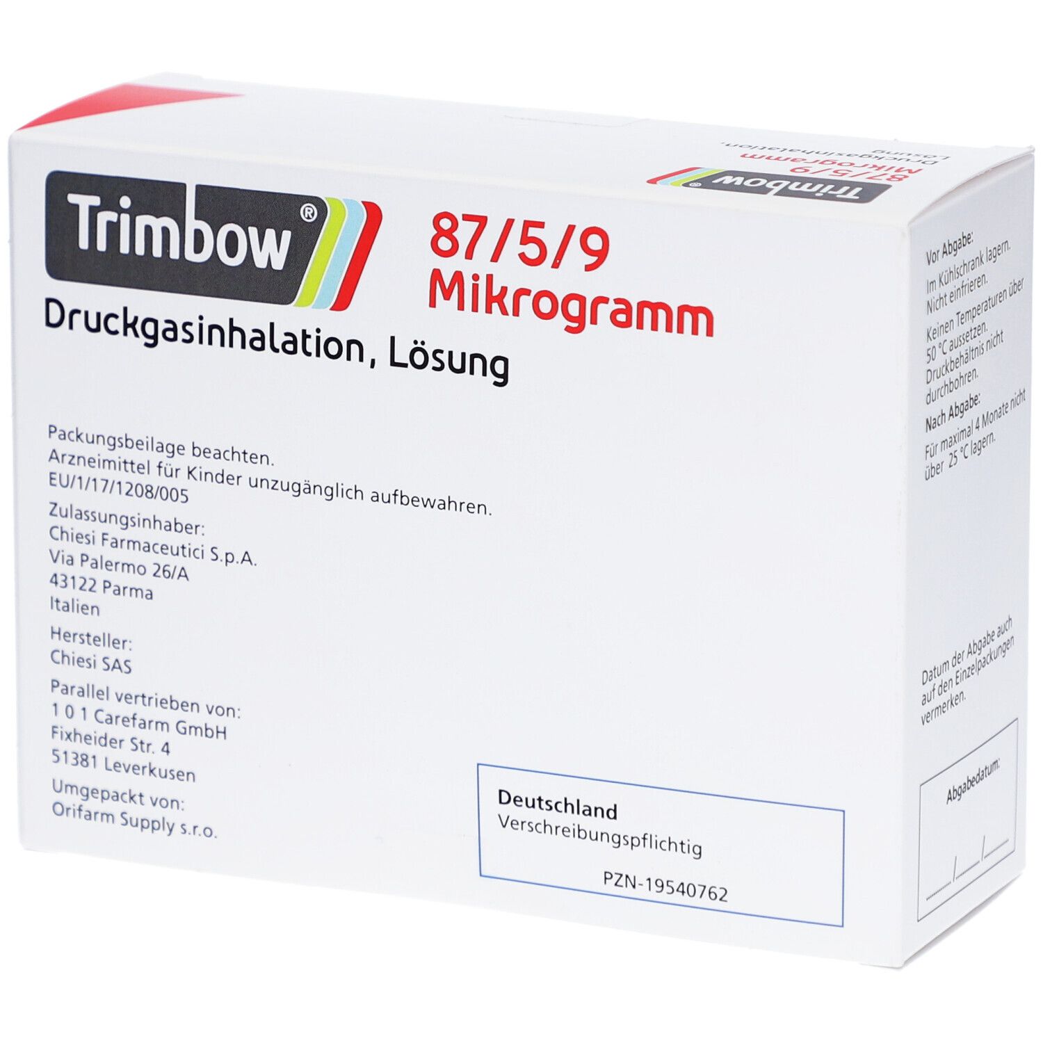 Verpackung von Trimbow 87/5/9 Mikrogramm. Enthält Informationen zu Hersteller und Vertrieb. Verschreibungspflichtig.