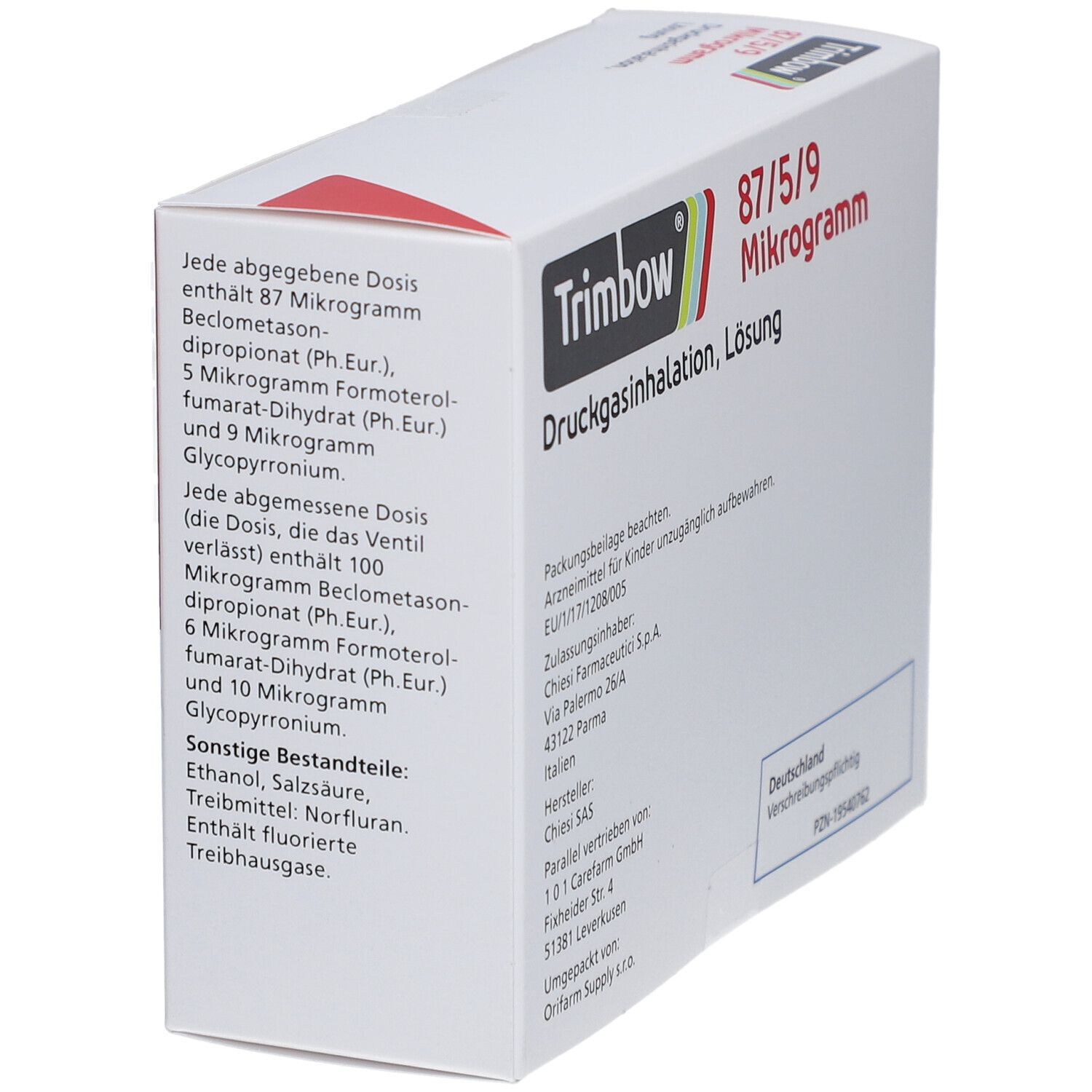 Verpackung von Trimbow 87/5/9 Mikrogramm. Enthält Informationen zur Dosierung und Inhaltsstoffe. Enthält Ethanol, Salzsäure, Treibhausgase.