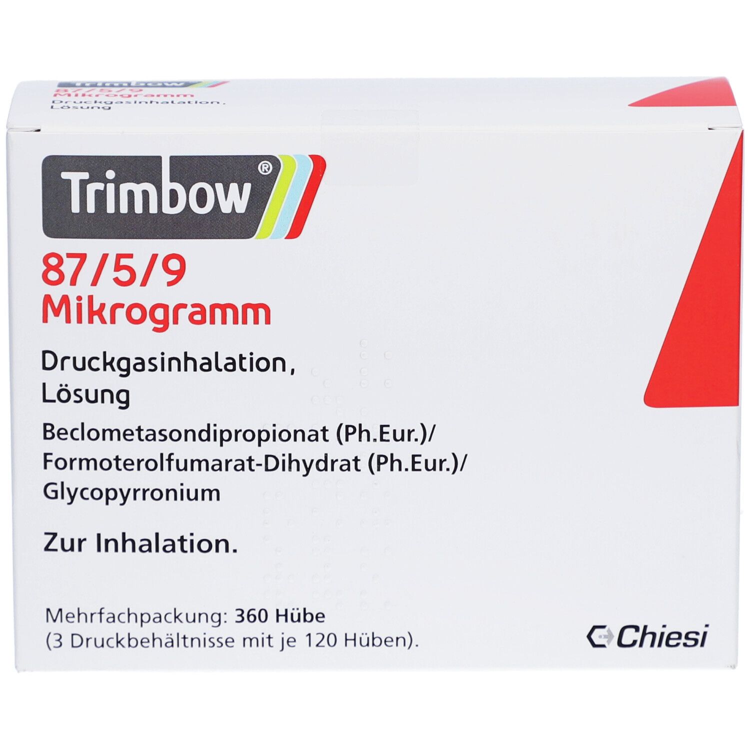 Verpackung von Trimbow 87/5/9 Mikrogramm. Druckgasinhalation, Lösung. Enthält Beclometasondipropionat, Formoterolfumarat-Dihydrat und Glycopyrronium.