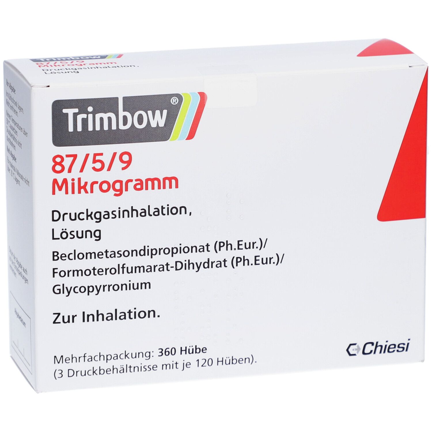 Verpackung von Trimbow 87/5/9 Mikrogramm. Druckgasinhalation, Lösung. Enthält Beclometasondipropionat, Formoterolfumarat-Dihydrat und Glycopyrronium.