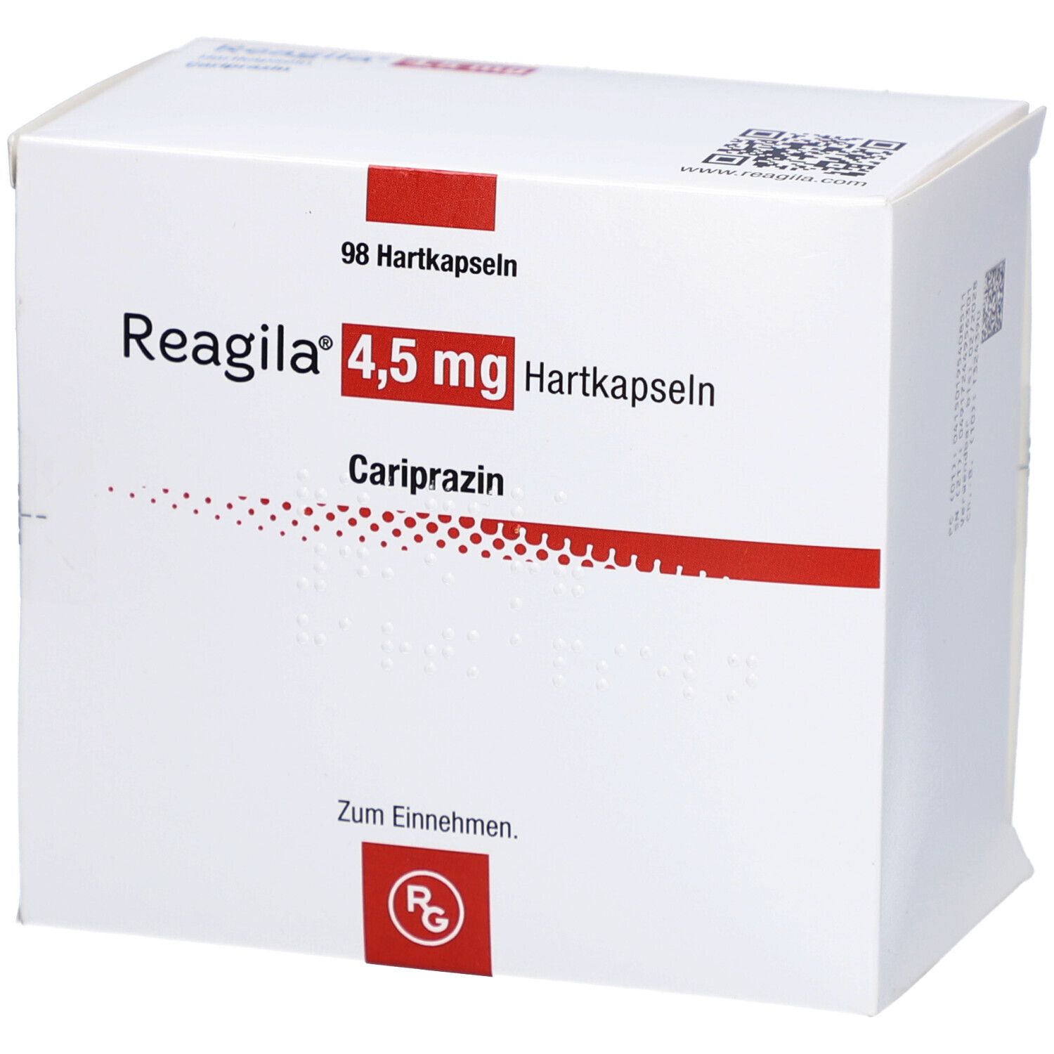 Weiße Faltschachtel mit roter Schrift. Beschriftung: Reagila 4,5 mg Hartkapseln, 98 Hartkapseln, Cariprazin. RG-Logo.