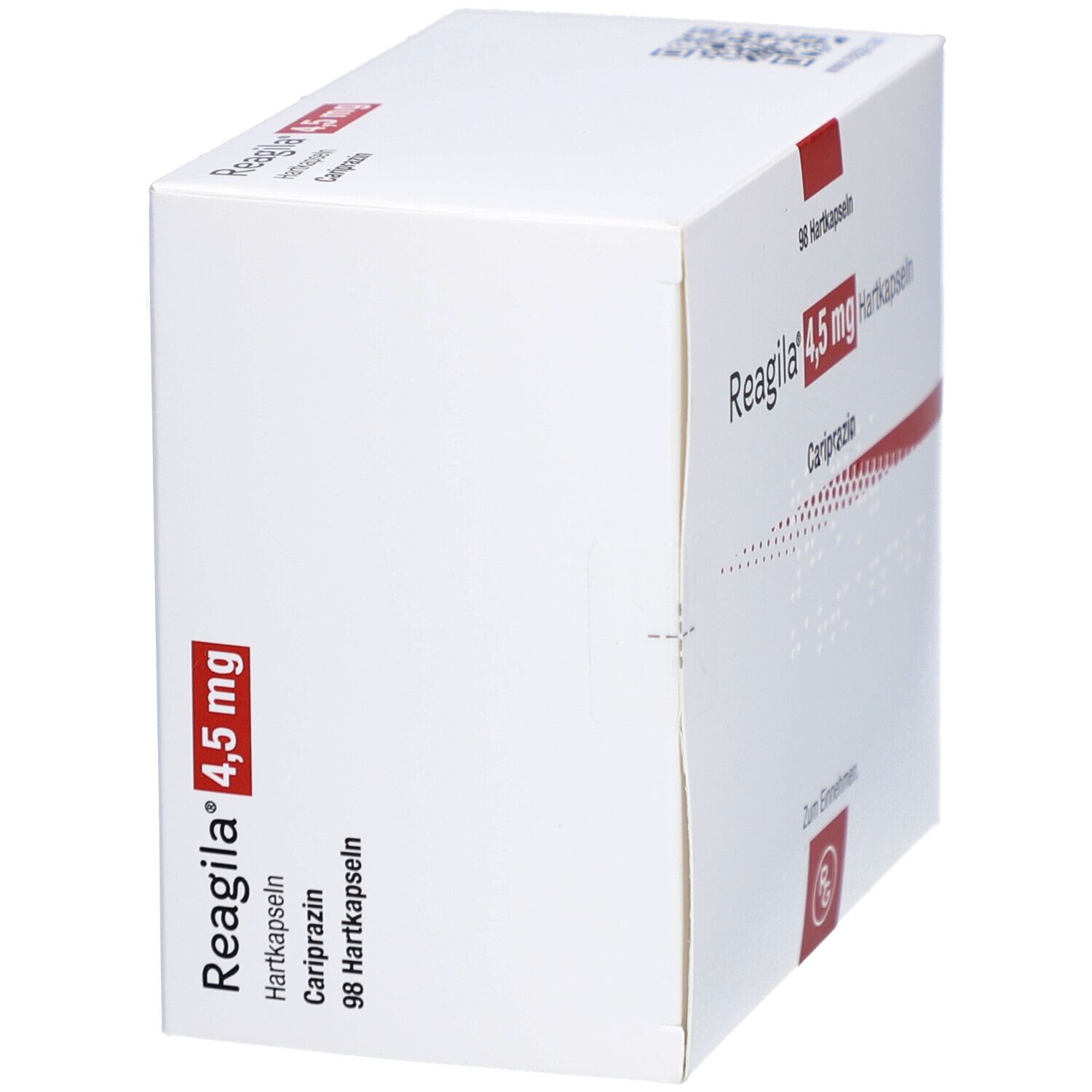 Weiße Faltschachtel mit roter Schrift. Beschriftung: Reagila 4,5 mg Hartkapseln, 98 Hartkapseln, Cariprazin. RG-Logo.