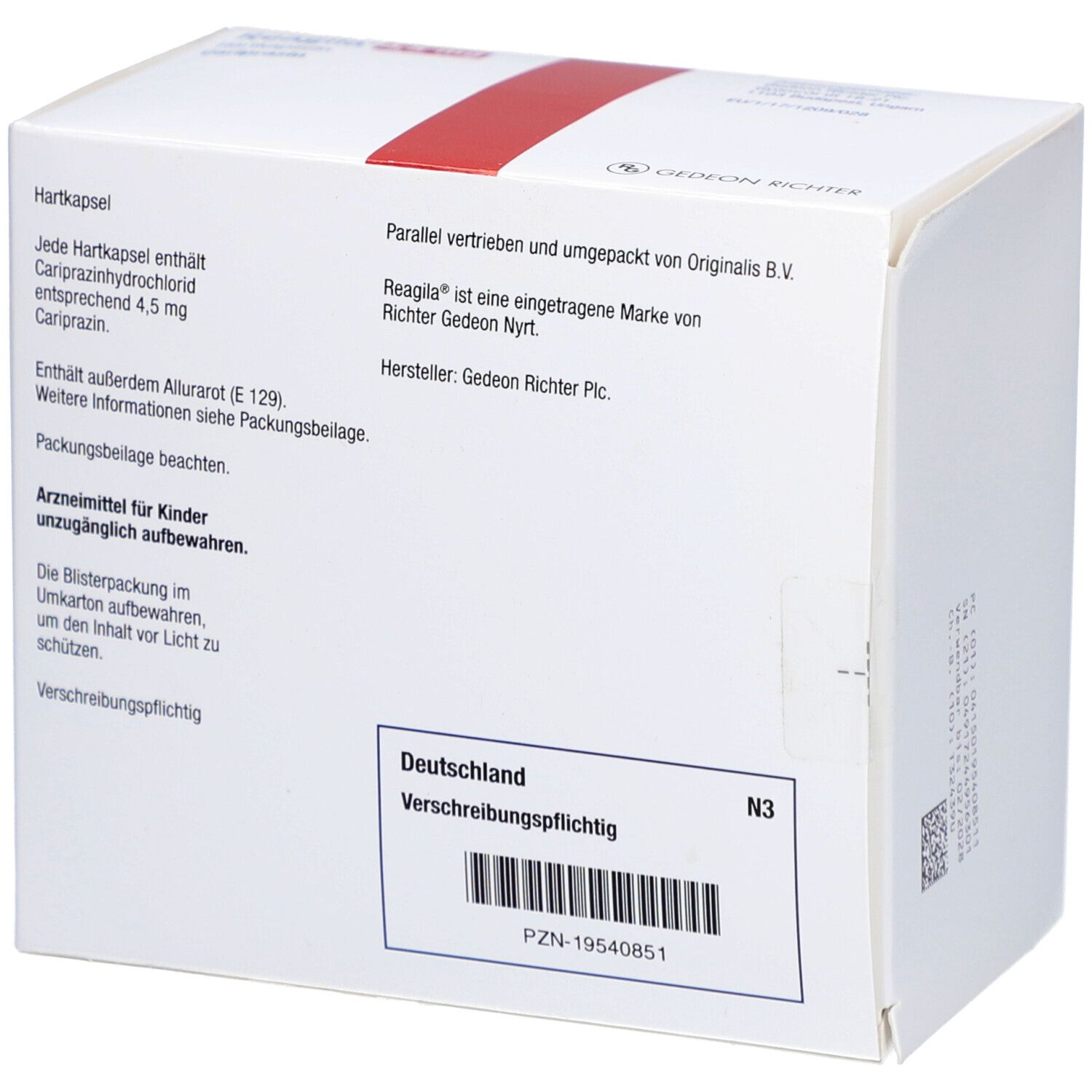 Weiße Faltschachtel, Rückseite mit Text. Beschriftung: Reagila, Cariprazin, 4,5 mg, 98 Hartkapseln. Text in Deutsch. Barcode und PZN-Nummer.