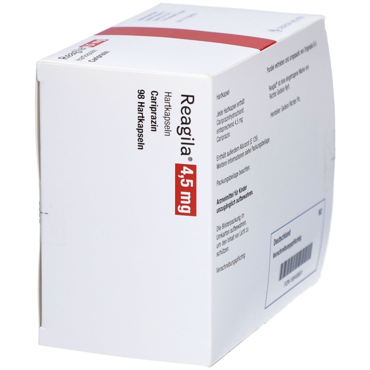 Weiße Faltschachtel mit roter Schrift. Beschriftung: Reagila 4,5 mg Hartkapseln, 98 Hartkapseln, Cariprazin. RG-Logo.
