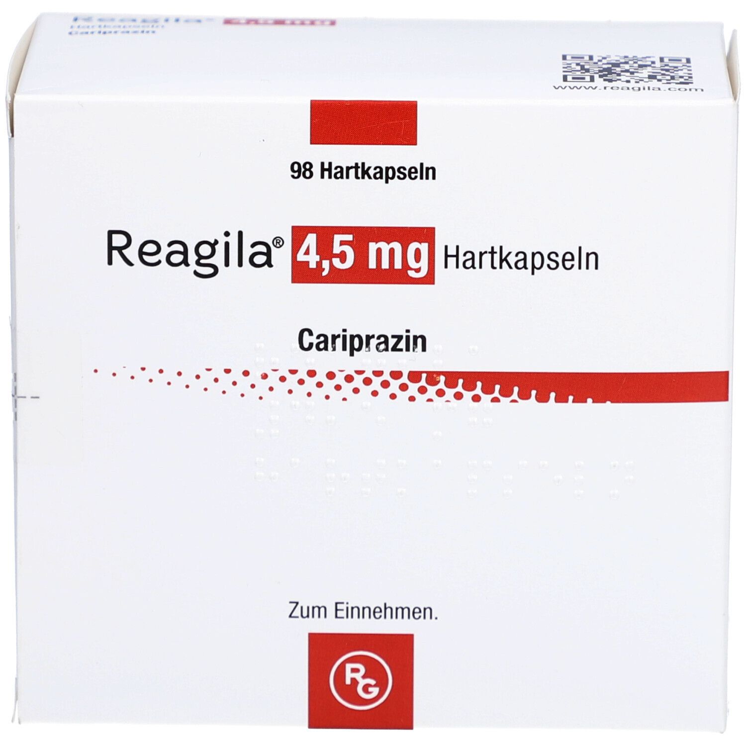 Weiße Faltschachtel mit roter Schrift. Beschriftung: Reagila 4,5 mg Hartkapseln, 98 Hartkapseln, Cariprazin. RG-Logo.
