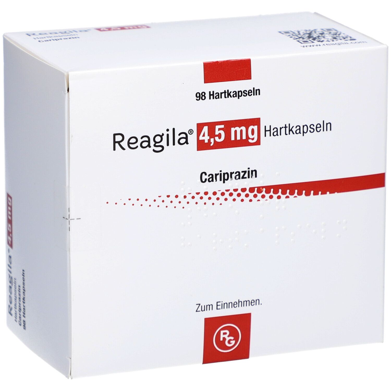 Weiße Faltschachtel mit roter Schrift. Beschriftung: Reagila 4,5 mg Hartkapseln, 98 Hartkapseln, Cariprazin. RG-Logo.