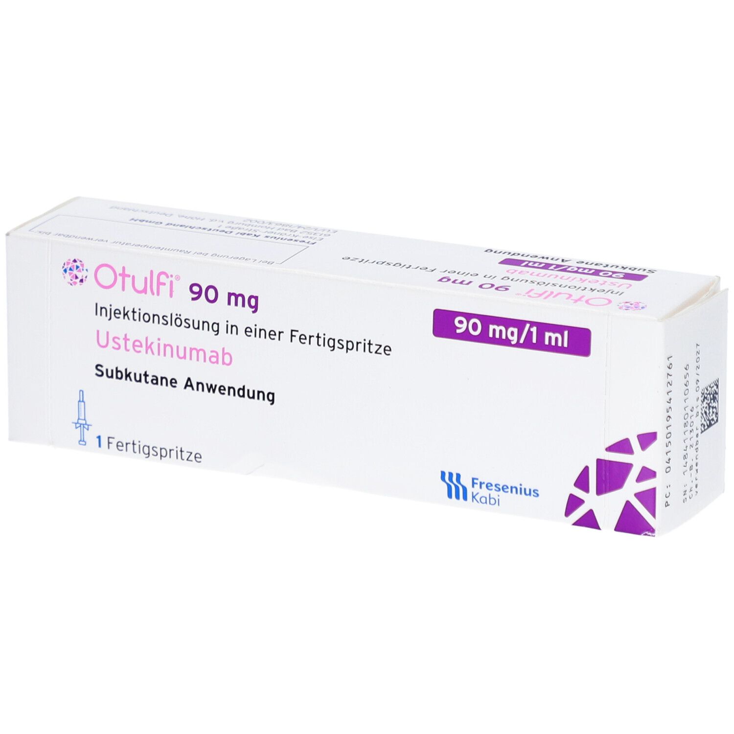 Schachtel mit OTULFI 90 mg Injektionslösung. Aufdrucke: 90 mg, Fertigspritze, Ustekinumab, subkutane Anwendung. Logo Fresenius Kabi.