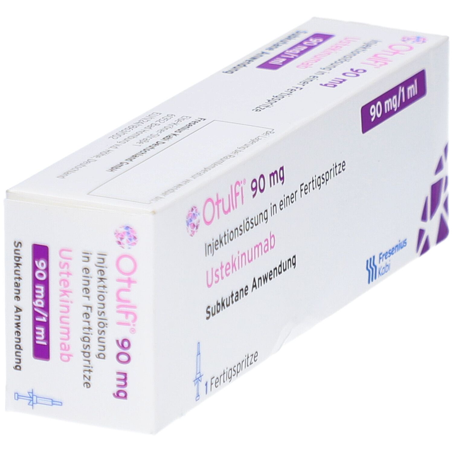 Schachtel mit OTULFI 90 mg Injektionslösung. Aufdrucke: 90 mg, Fertigspritze, Ustekinumab, subkutane Anwendung. Logo Fresenius Kabi.