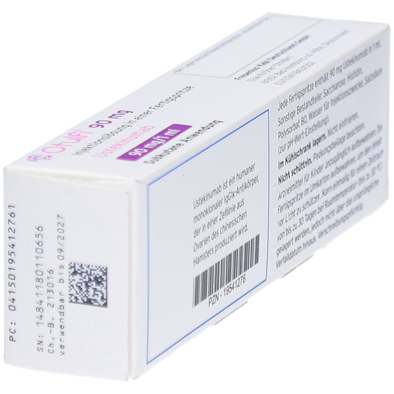 Seite der OTULFI-Schachtel. Text: 90 mg Injektionslösung, Ustekinumab, subkutane Anwendung. Chargennummer, Verfallsdatum.