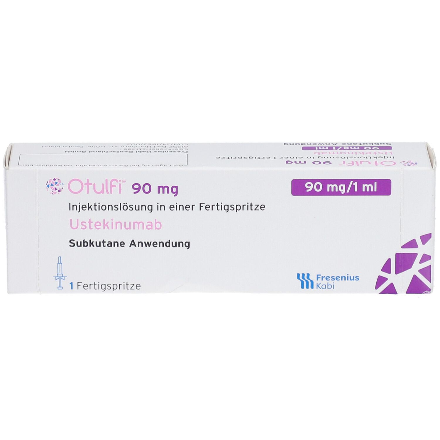 Schachtel mit OTULFI 90 mg Injektionslösung. Aufdrucke: 90 mg, Fertigspritze, Ustekinumab, subkutane Anwendung. Logo Fresenius Kabi.