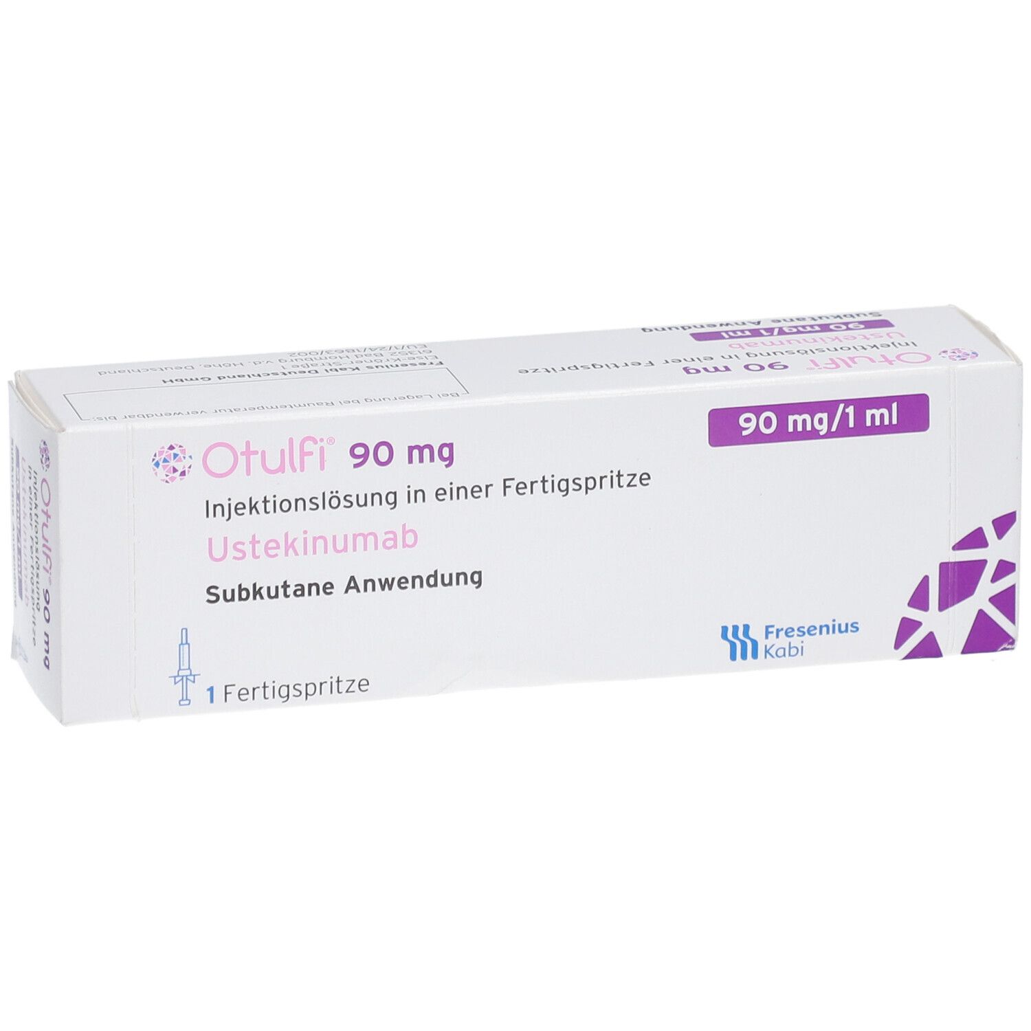 Schachtel mit OTULFI 90 mg Injektionslösung. Aufdrucke: 90 mg, Fertigspritze, Ustekinumab, subkutane Anwendung. Logo Fresenius Kabi.