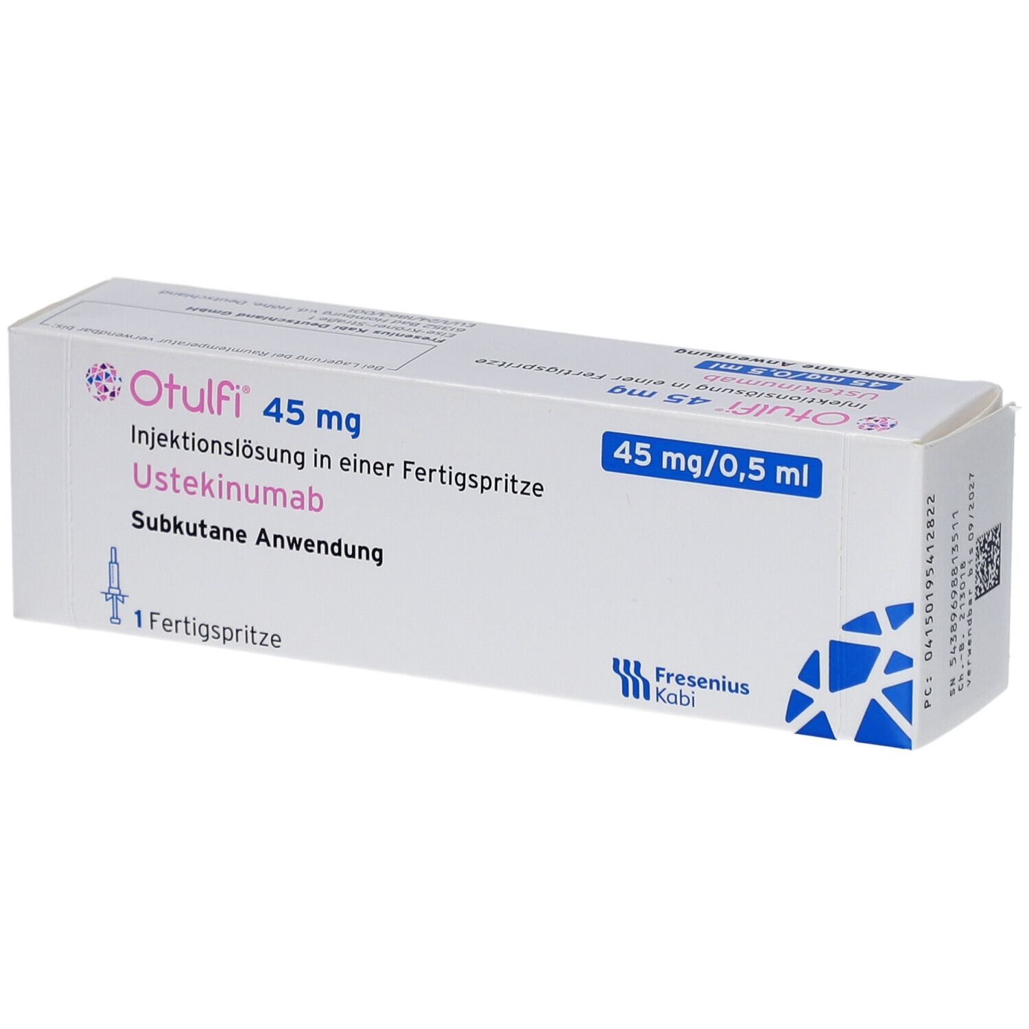Karton von Otulfi 45 mg Injektionslösung. Enthält eine Fertigspritze. Aufschrift: 45 mg/0,5 ml. Herstellerlogo Fresenius Kabi.