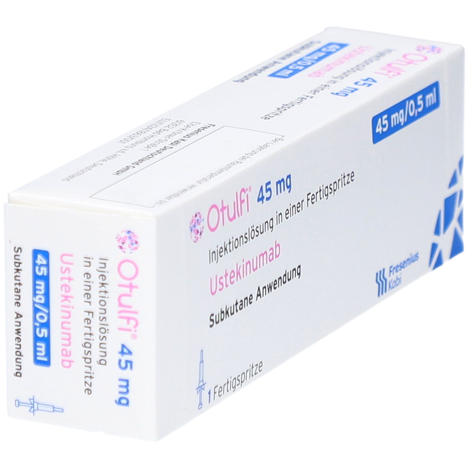 Karton von Otulfi 45 mg Injektionslösung. Enthält eine Fertigspritze. Aufschrift: 45 mg/0,5 ml. Fresenius Kabi Logo.