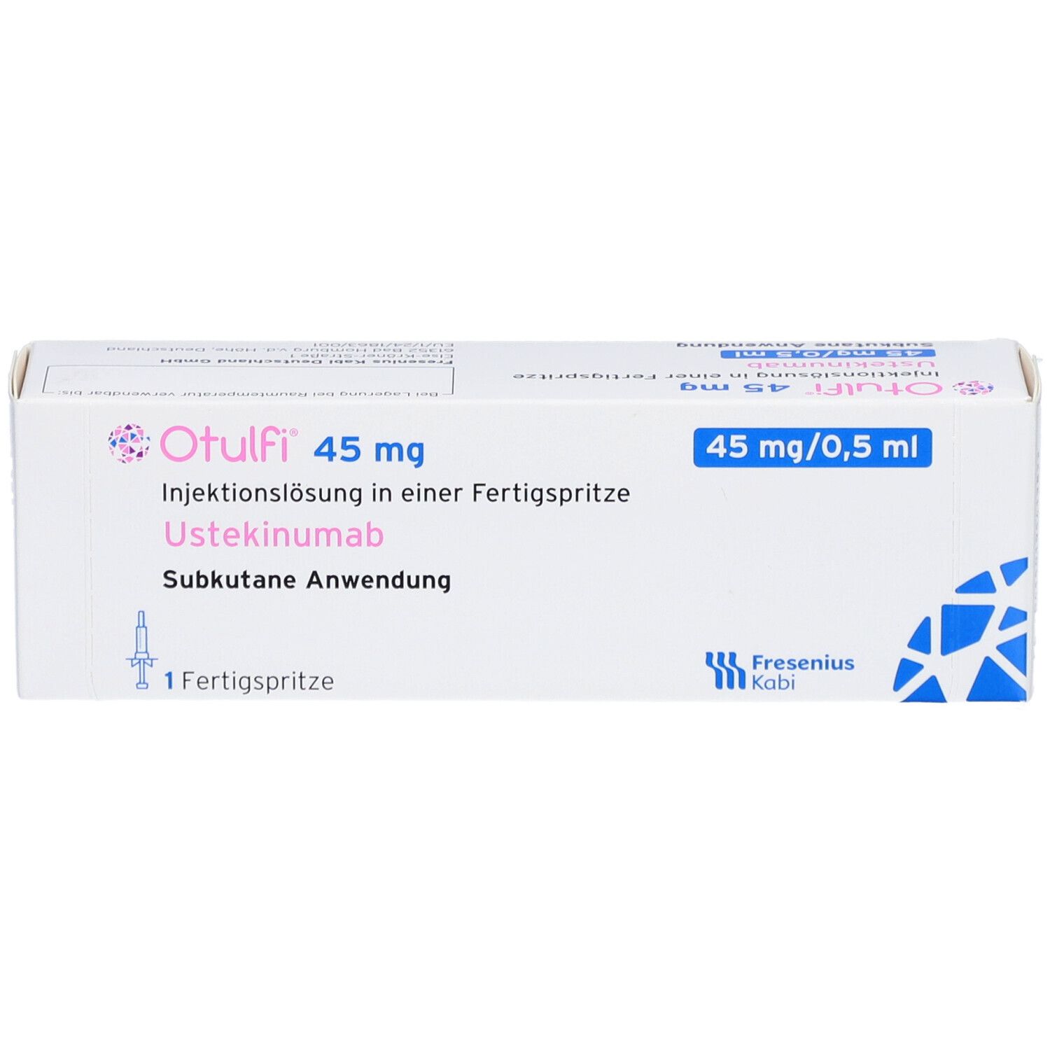 Vorderansicht der Otulfi-Verpackung. Enthält eine Fertigspritze. Aufschrift: 45 mg/0,5 ml. Herstellerlogo Fresenius Kabi.
