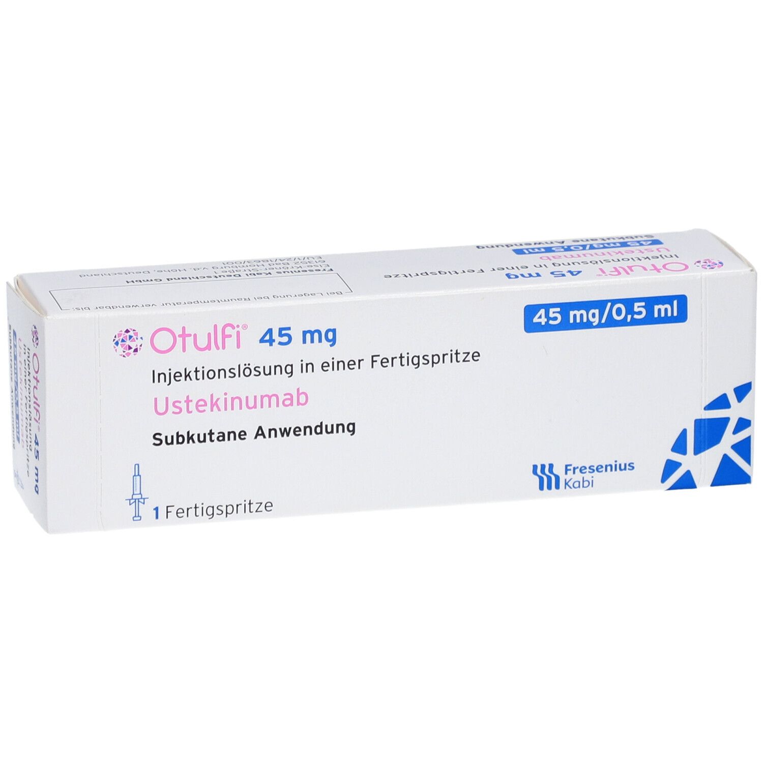 Vorderansicht der Otulfi-Verpackung. Enthält eine Fertigspritze. Aufschrift: 45 mg/0,5 ml. Herstellerlogo Fresenius Kabi.