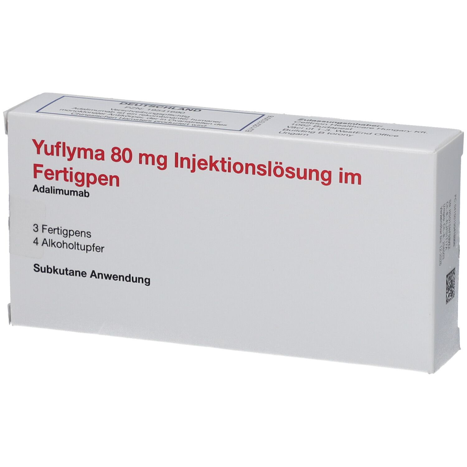 Schachtel mit Yuflyma 80 mg Injektionslösung im Fertigpen. Enthält 3 Fertigpens und 4 Alkoholtupfer. Subkutane Anwendung.