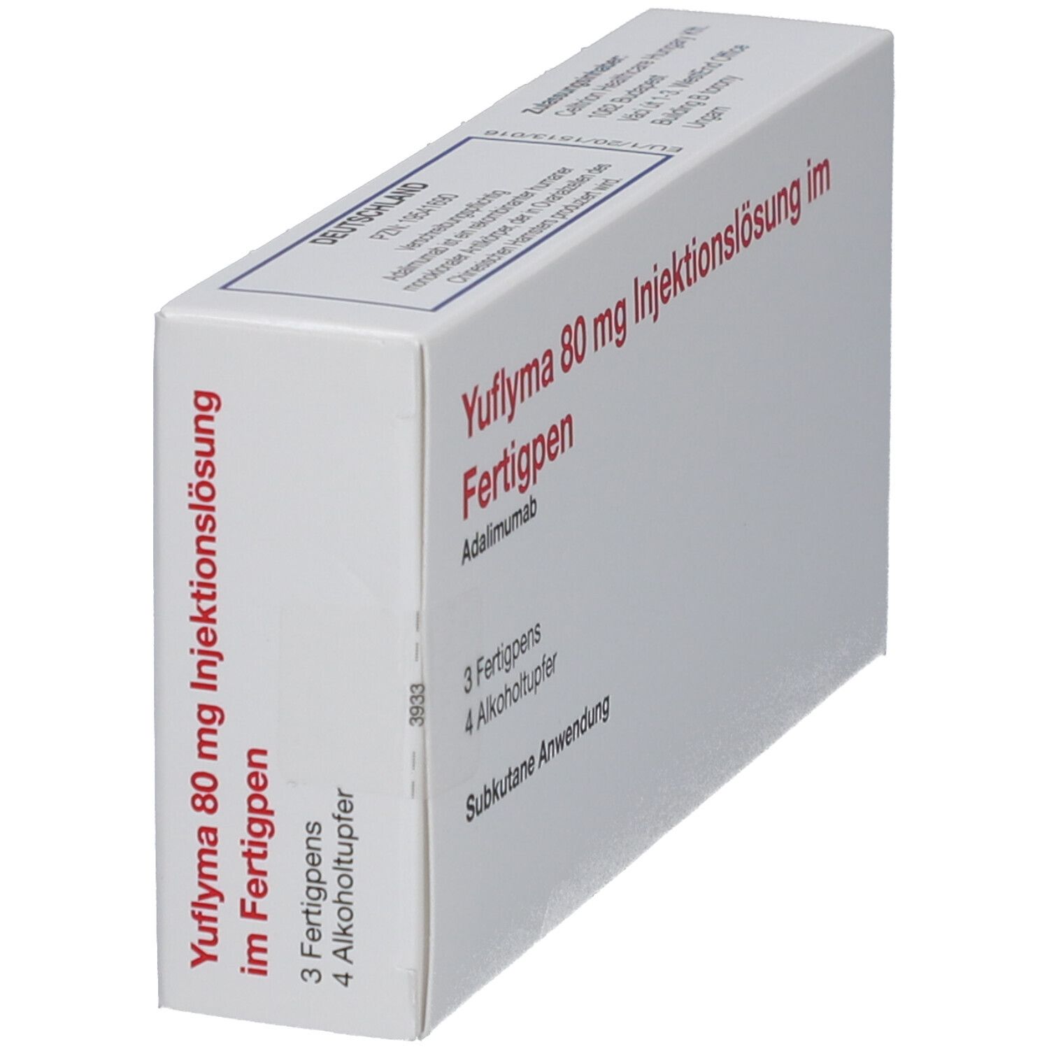 Schachtel mit Yuflyma 80 mg Injektionslösung im Fertigpen. Enthält 3 Fertigpens und 4 Alkoholtupfer. Subkutane Anwendung.