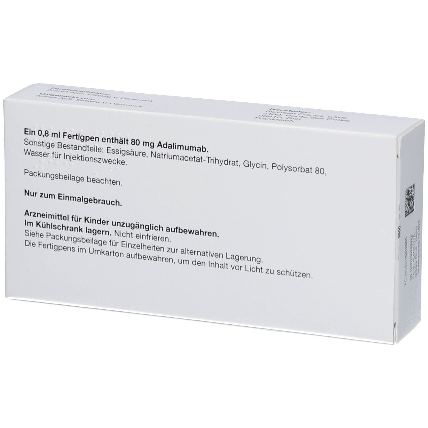 Rückseite der Schachtel mit Yuflyma 80 mg. Text über Inhaltsstoffe, Lagerung und Gebrauch. Nur zur einmaligen Anwendung.