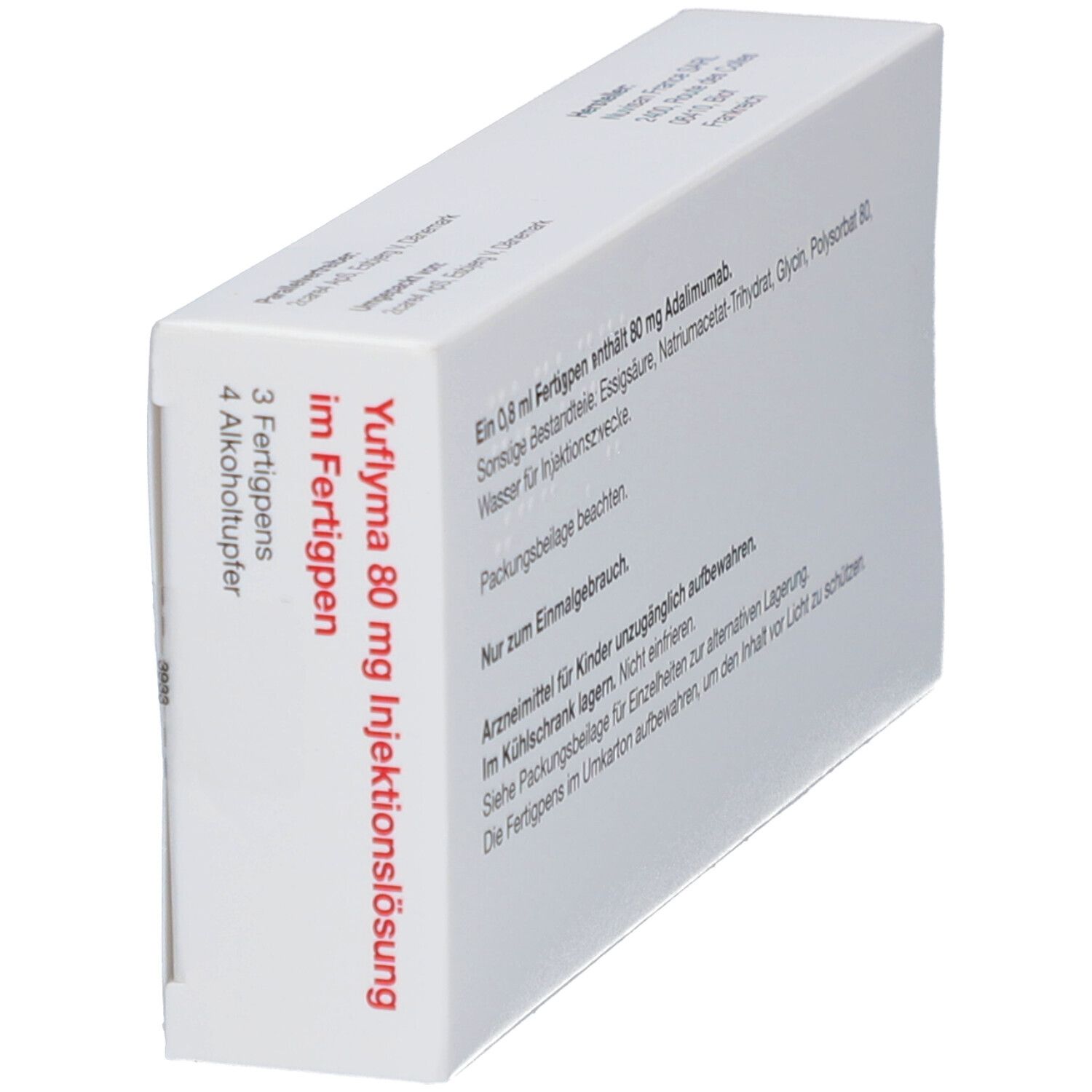 Schachtel mit Yuflyma 80 mg Injektionslösung im Fertigpen. Text über Inhaltsstoffe, Lagerung und Gebrauch. Nur zur einmaligen Anwendung.