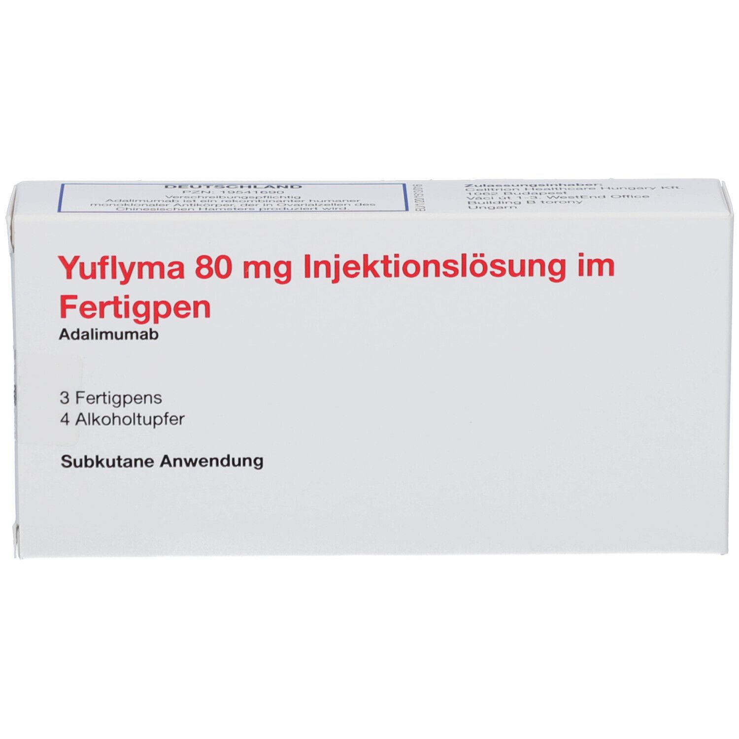 Schachtel mit Yuflyma 80 mg Injektionslösung im Fertigpen. Enthält 3 Fertigpens und 4 Alkoholtupfer. Subkutane Anwendung.