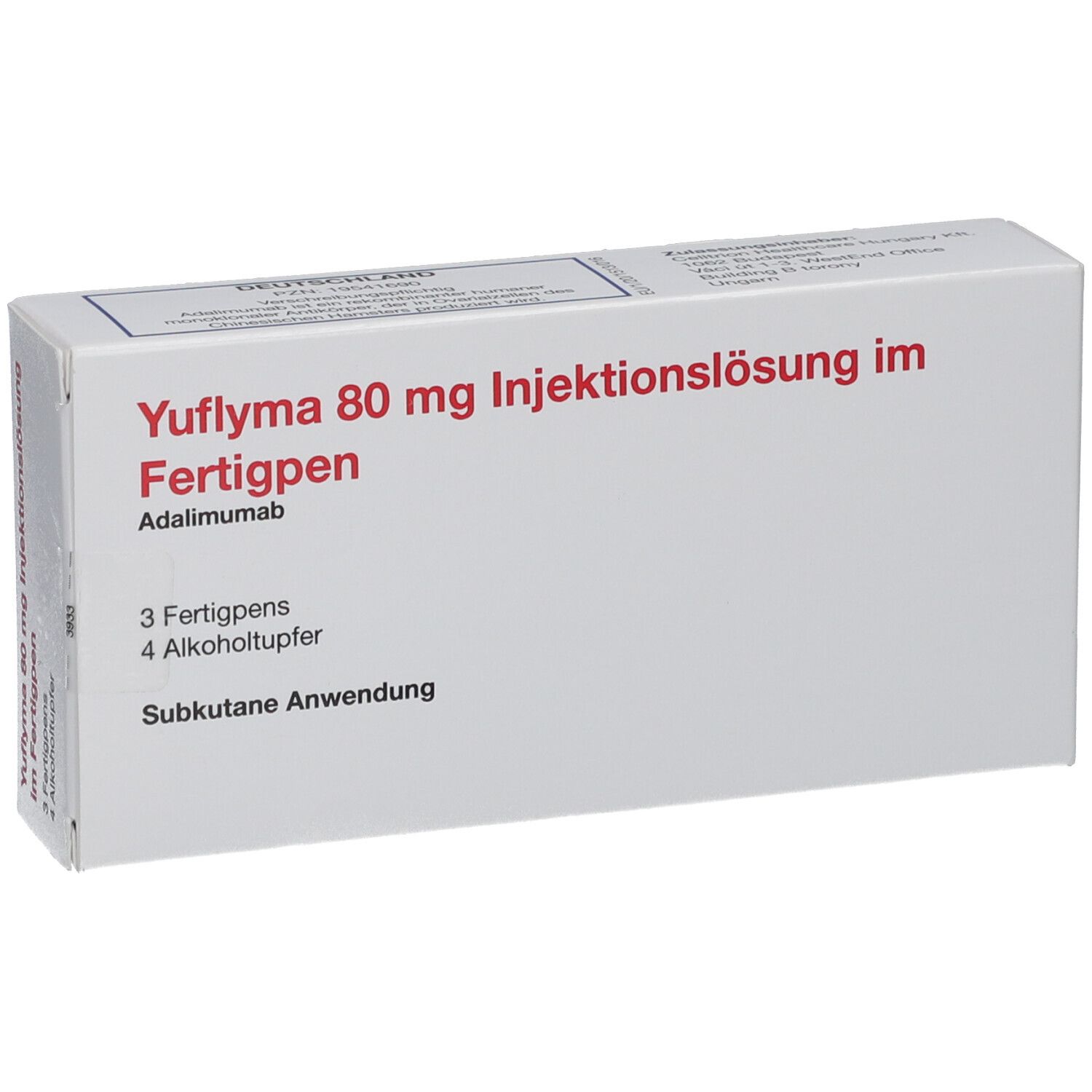 Schachtel mit Yuflyma 80 mg Injektionslösung im Fertigpen. Enthält 3 Fertigpens und 4 Alkoholtupfer. Subkutane Anwendung.
