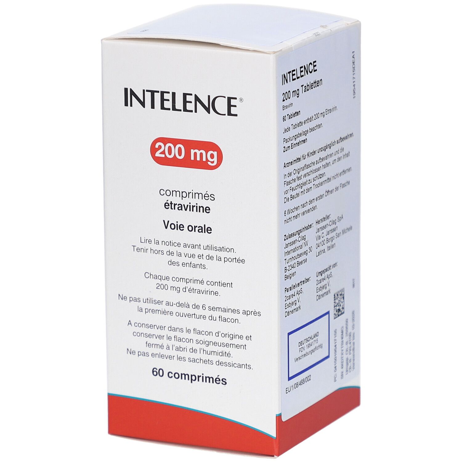 Weißer Karton mit INTELENCE 200 mg Tabletten. Aufschrift in Französisch. 60 comprimés.
