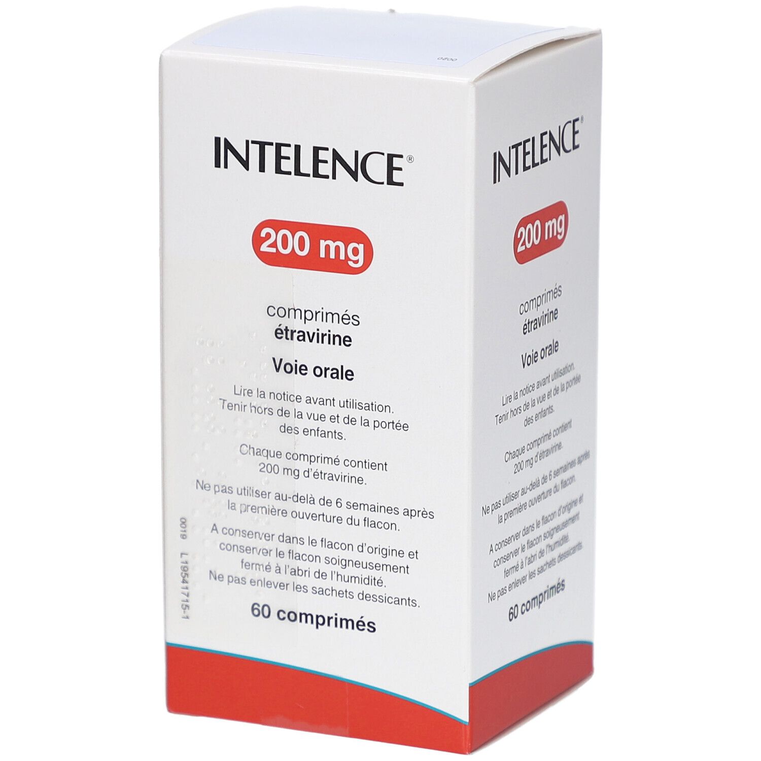 Weißer Karton mit INTELENCE 200 mg Tabletten. Aufschrift in Französisch. 60 comprimés.