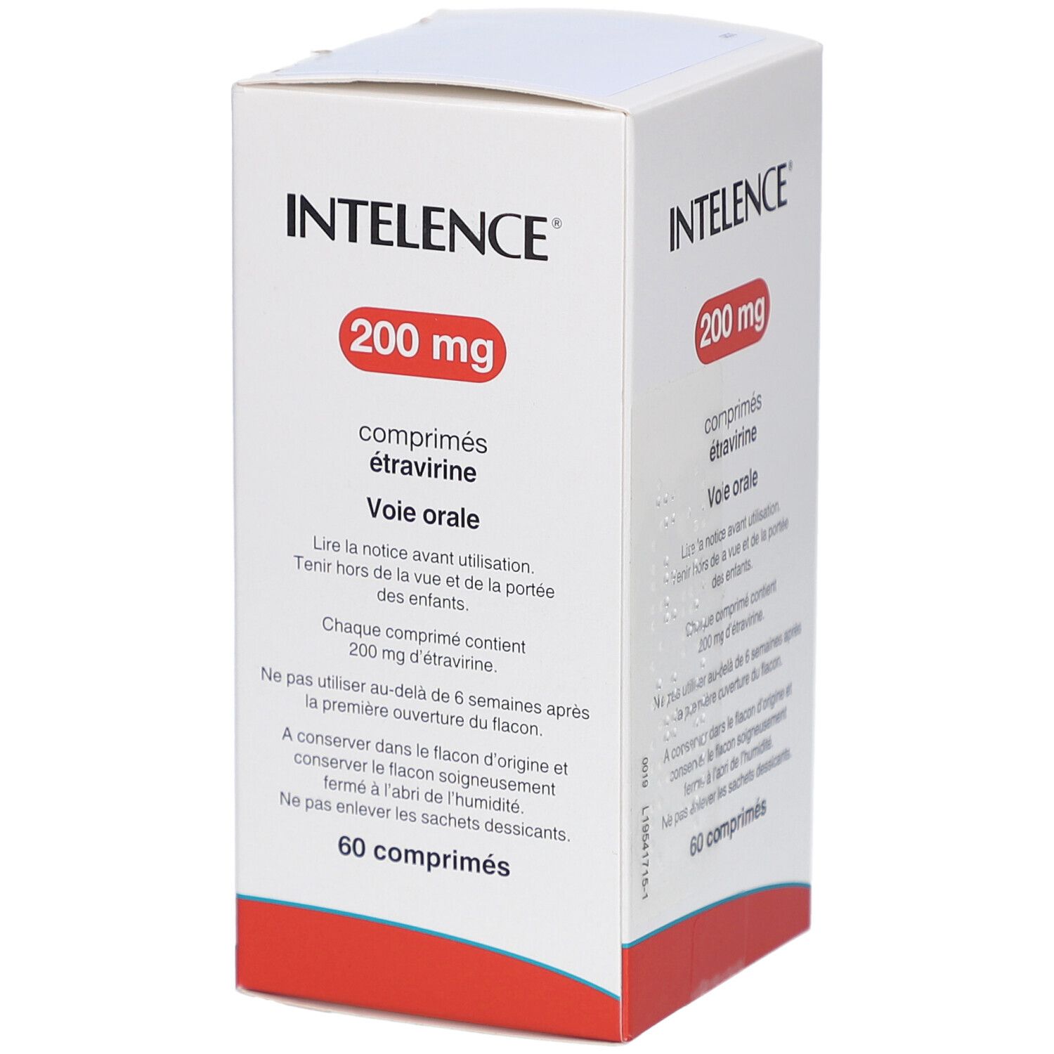 Weißer Karton mit INTELENCE 200 mg Tabletten. Aufschrift in Französisch. 60 comprimés.