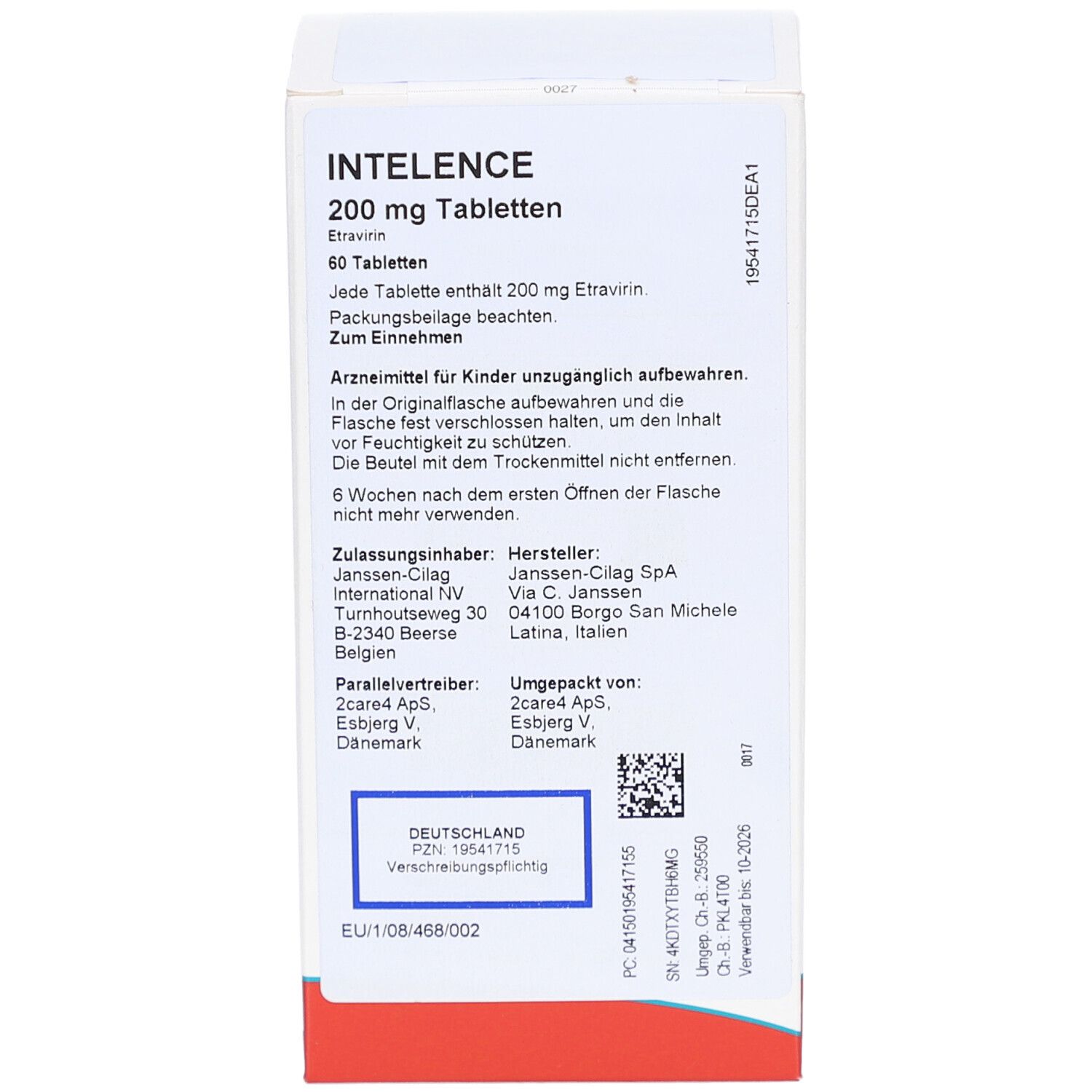 Rückseite einer weißen Kartonverpackung mit INTELENCE 200 mg Tabletten. Informationen in Deutsch.