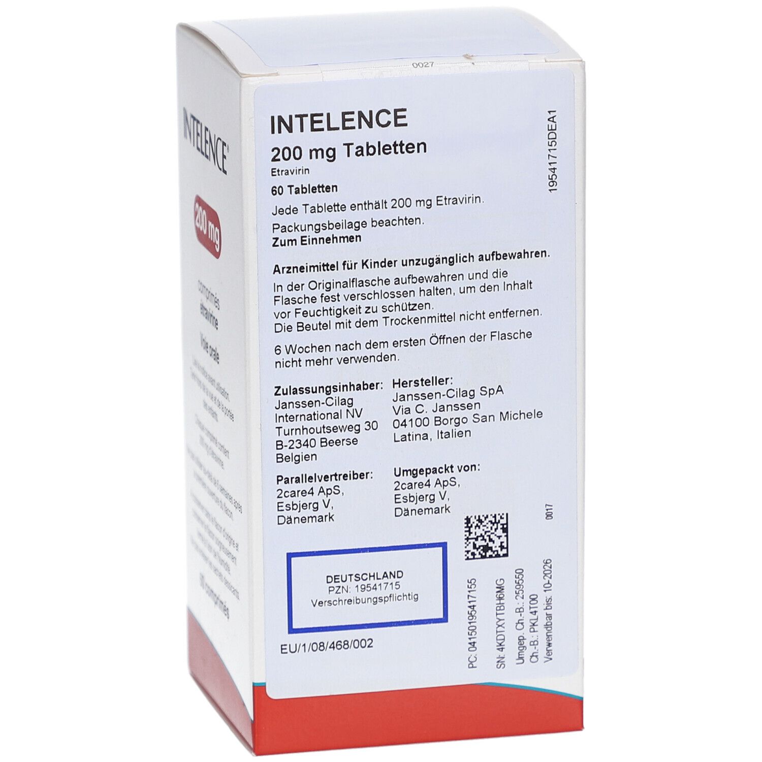 Rückseite einer weißen Kartonverpackung mit INTELENCE 200 mg Tabletten. Informationen in Deutsch.