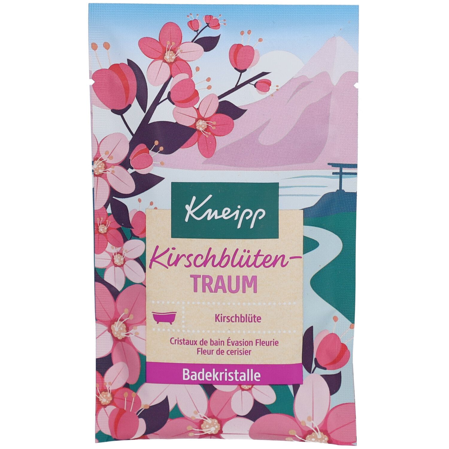Verpackung mit Kirschblüten-Design. Text: Kneipp, Kirschblütentraum, Badekristalle. Illustration von Kirschblüten und Berglandschaft.
