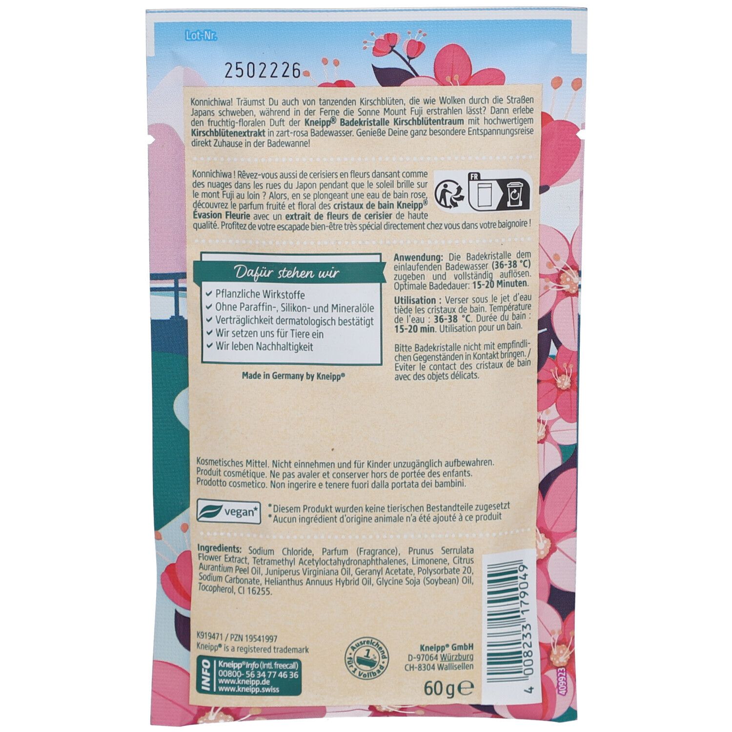 Rückseite der Verpackung. Text: Kneipp, Kirschblütentraum, Badekristalle. Enthält Informationen zu Inhaltsstoffen und Anwendung.