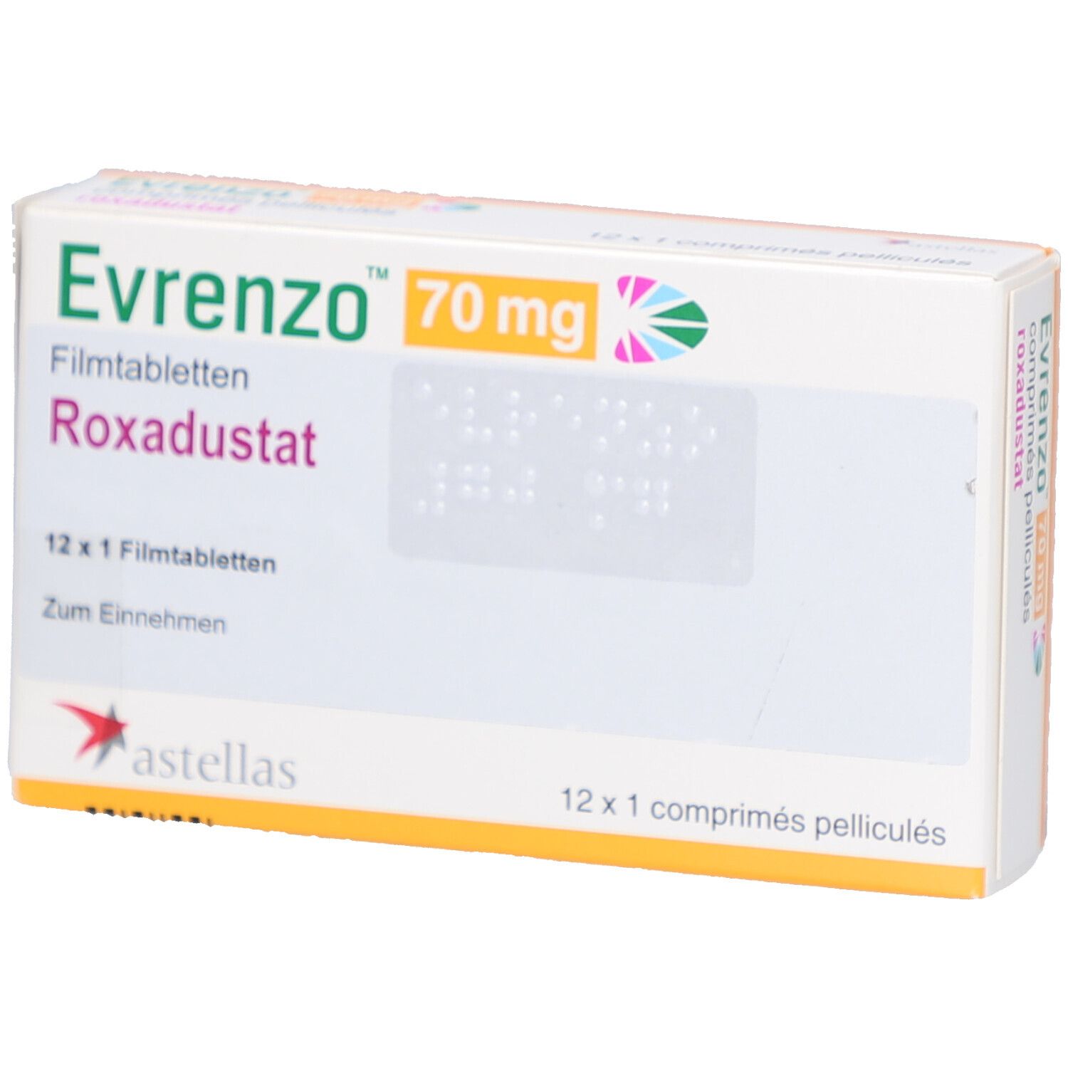 Schachtel mit EVRENZO 70 mg Filmtabletten. Aufschrift: Roxadustat, 12 x 1 Filmtabletten. Astellas-Logo.