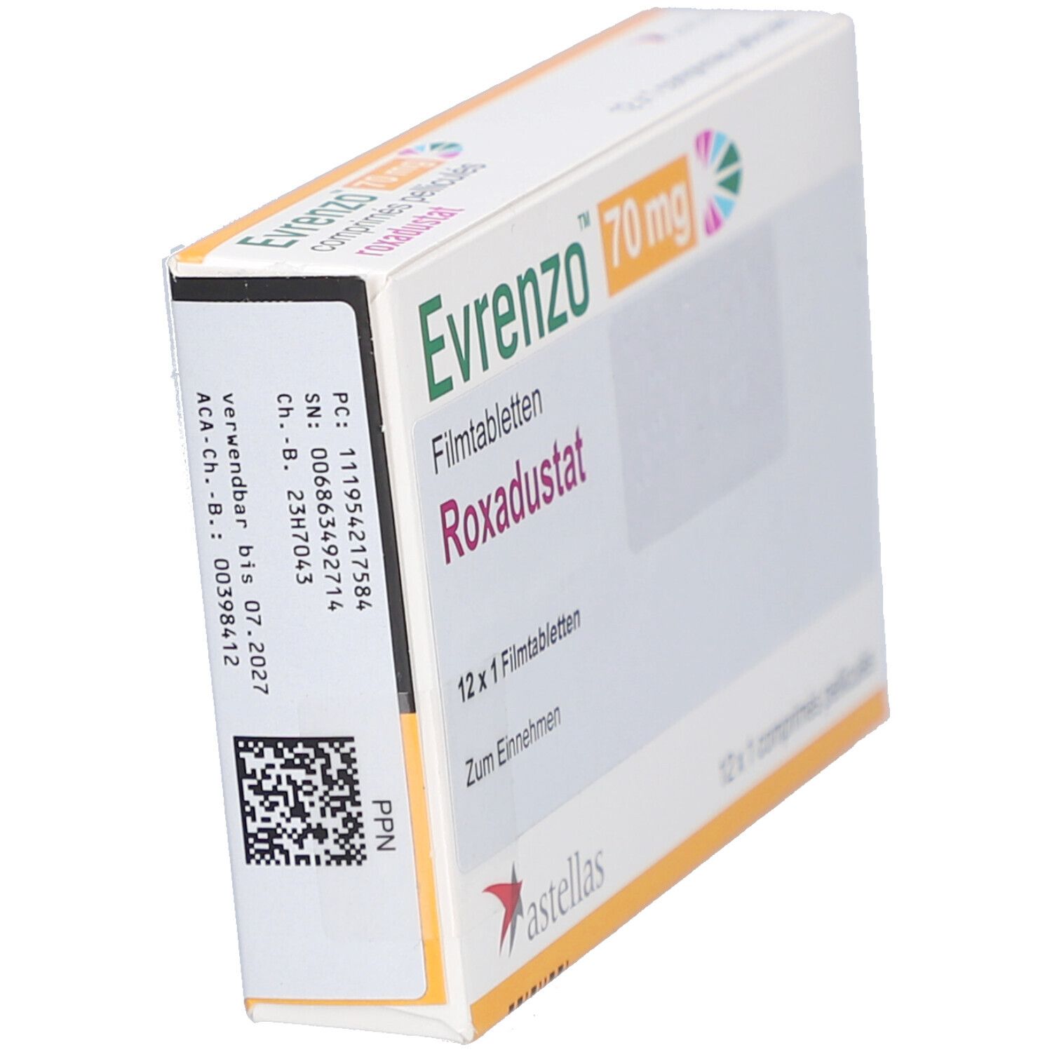 Schachtel EVRENZO 70 mg, schräg. Aufschrift: Roxadustat, 12 x 1 Filmtabletten. Barcode und Verfallsdatum.