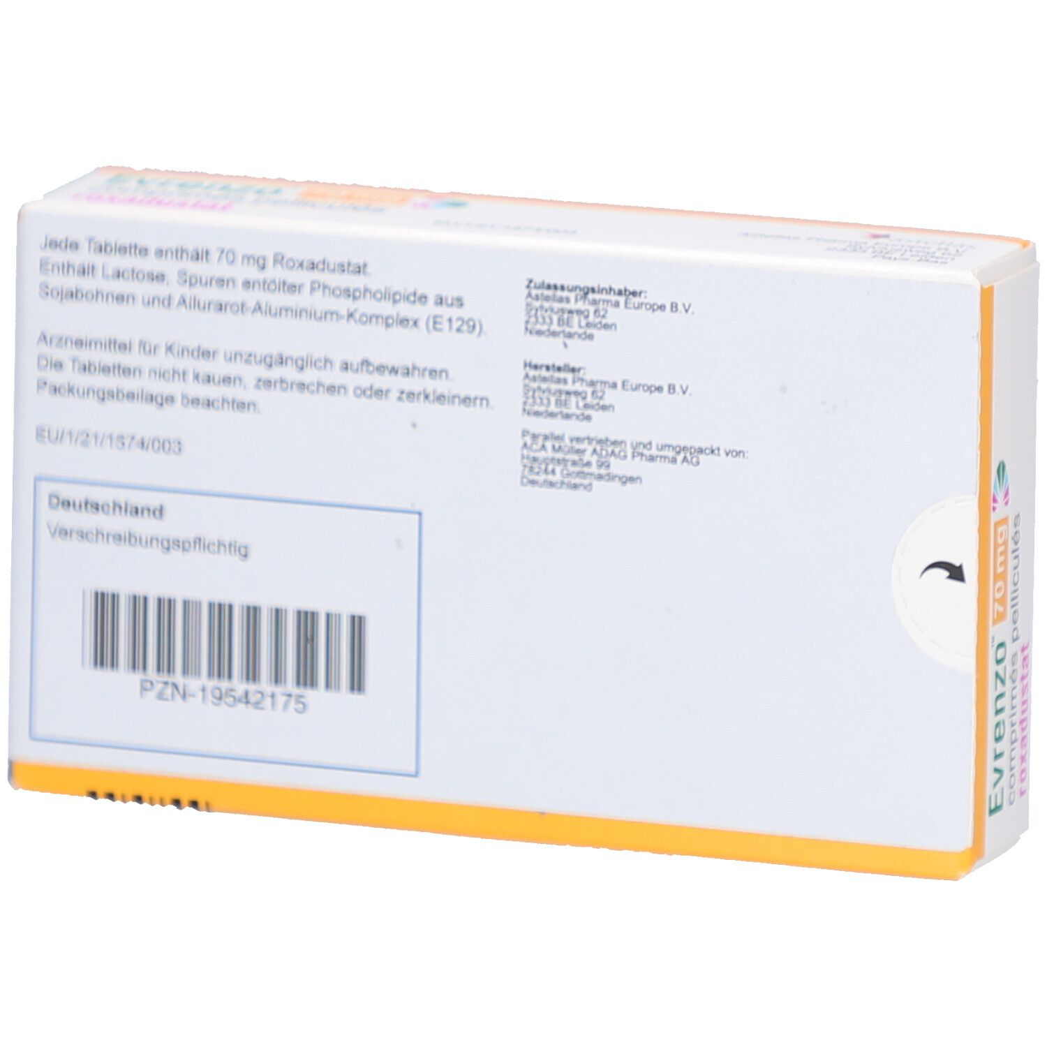 Rückseite der EVRENZO-Schachtel. Text: Zusammensetzung, Warnhinweise, Herstellerinformationen, PZN-Nummer.