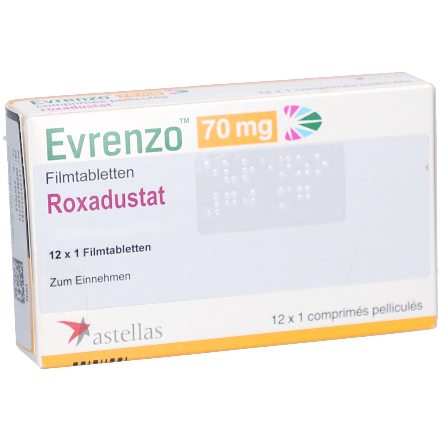 EVRENZO 70 mg Schachtel. Aufschrift: Roxadustat, 12 x 1 Filmtabletten. Astellas-Logo. Gelber Streifen.