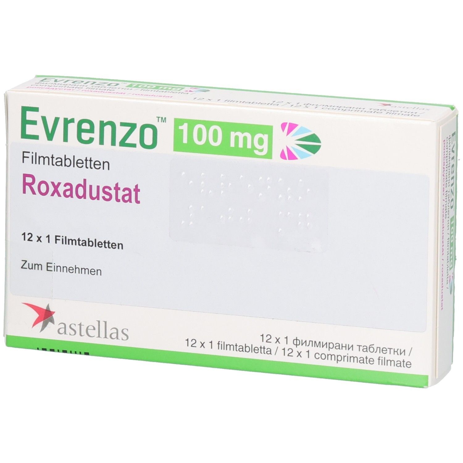Schachtel mit EVRENZO 100 mg Filmtabletten. Aufschrift: Roxadustat, 12 x 1 Filmtabletten. Astellas-Logo.