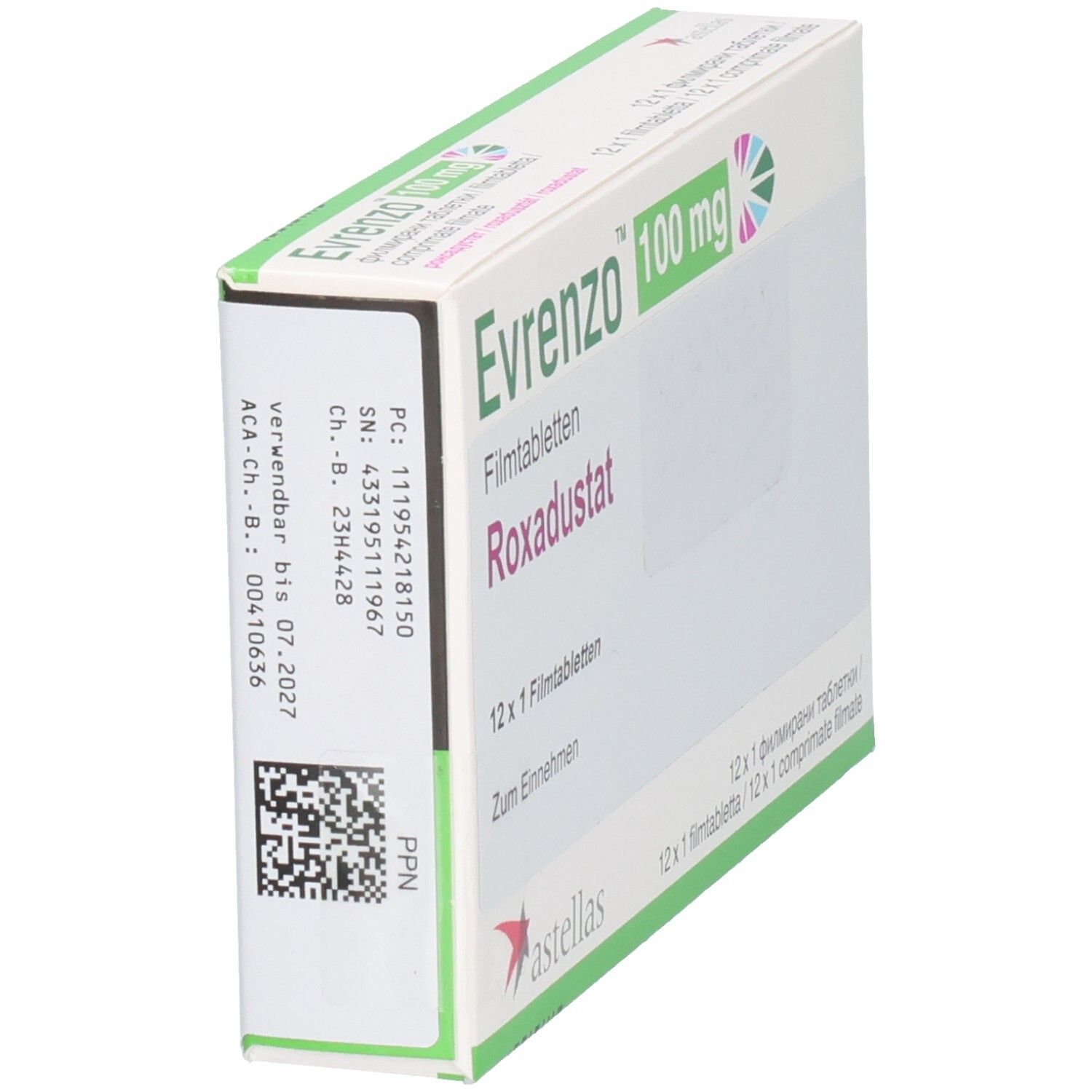 Schachtel EVRENZO 100 mg. Seitenansicht. Aufschrift: Roxadustat, 12 x 1 Filmtabletten. Barcode und weitere Angaben.