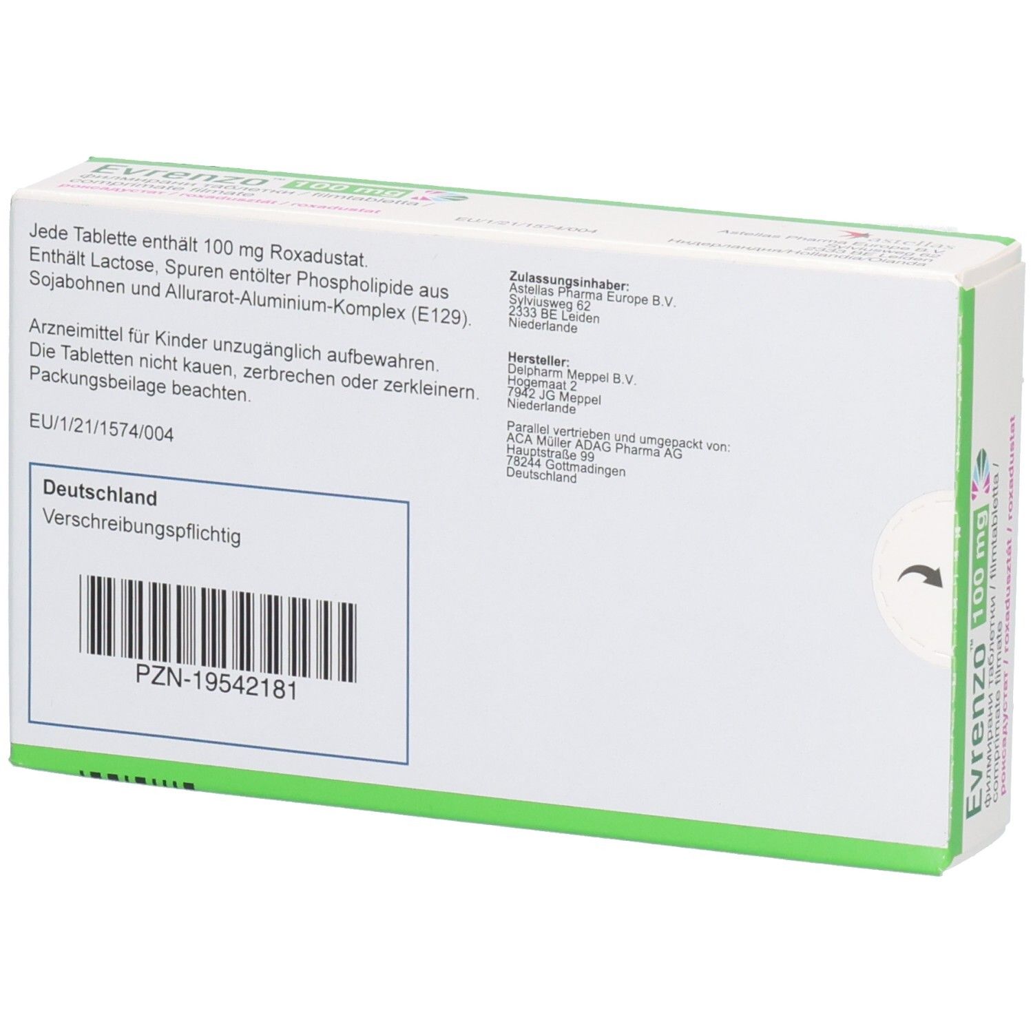 Rückseite der EVRENZO 100 mg Schachtel. Enthält Informationen zu Inhaltsstoffen, Hersteller und weitere Details.